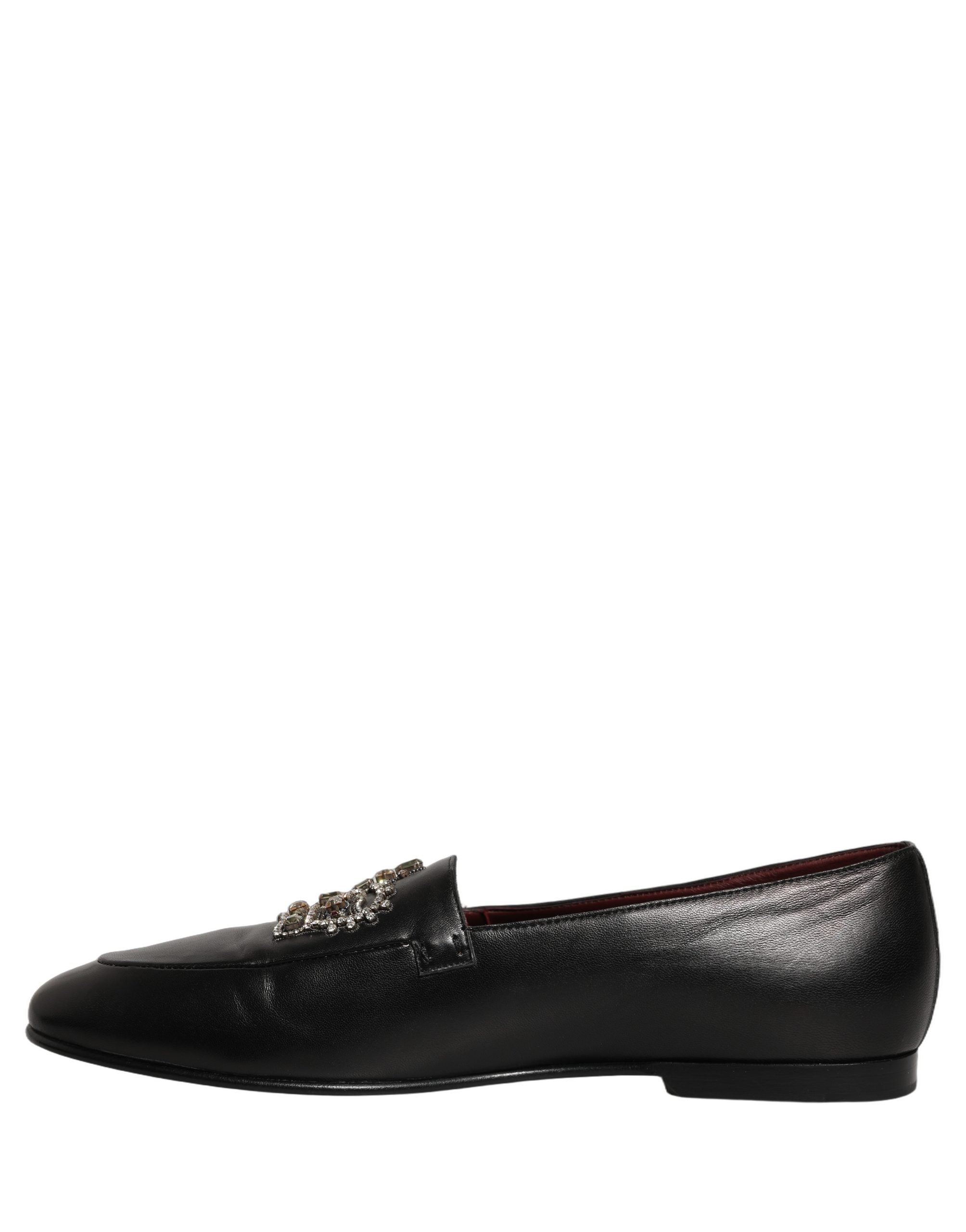 Dolce & Gabbana Black Leather Crown Embellished Loafers Shoes Dolce & Gabbana