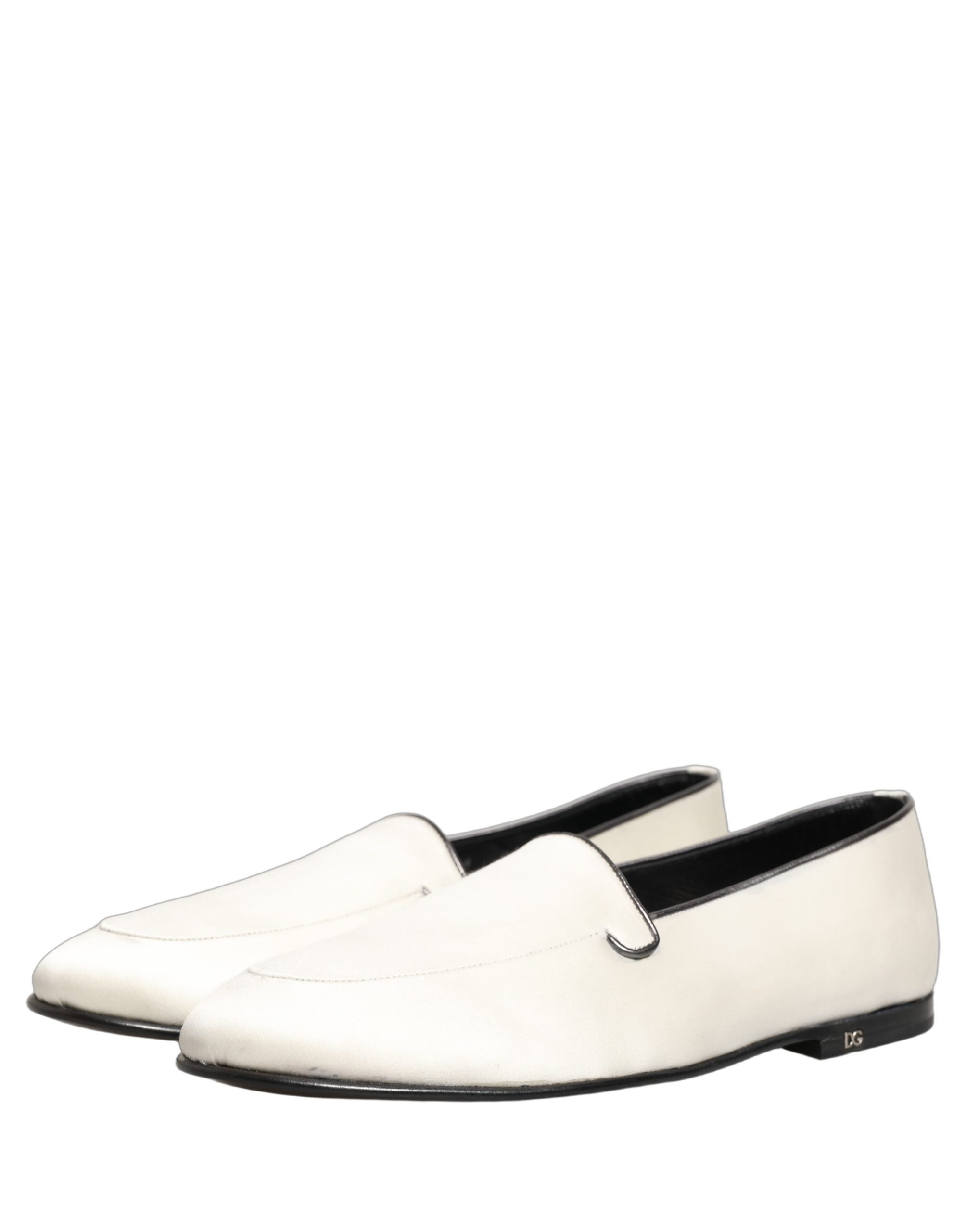 Dolce & Gabbana White Satin Logo Slip On Flats Loafers Shoes Dolce & Gabbana
