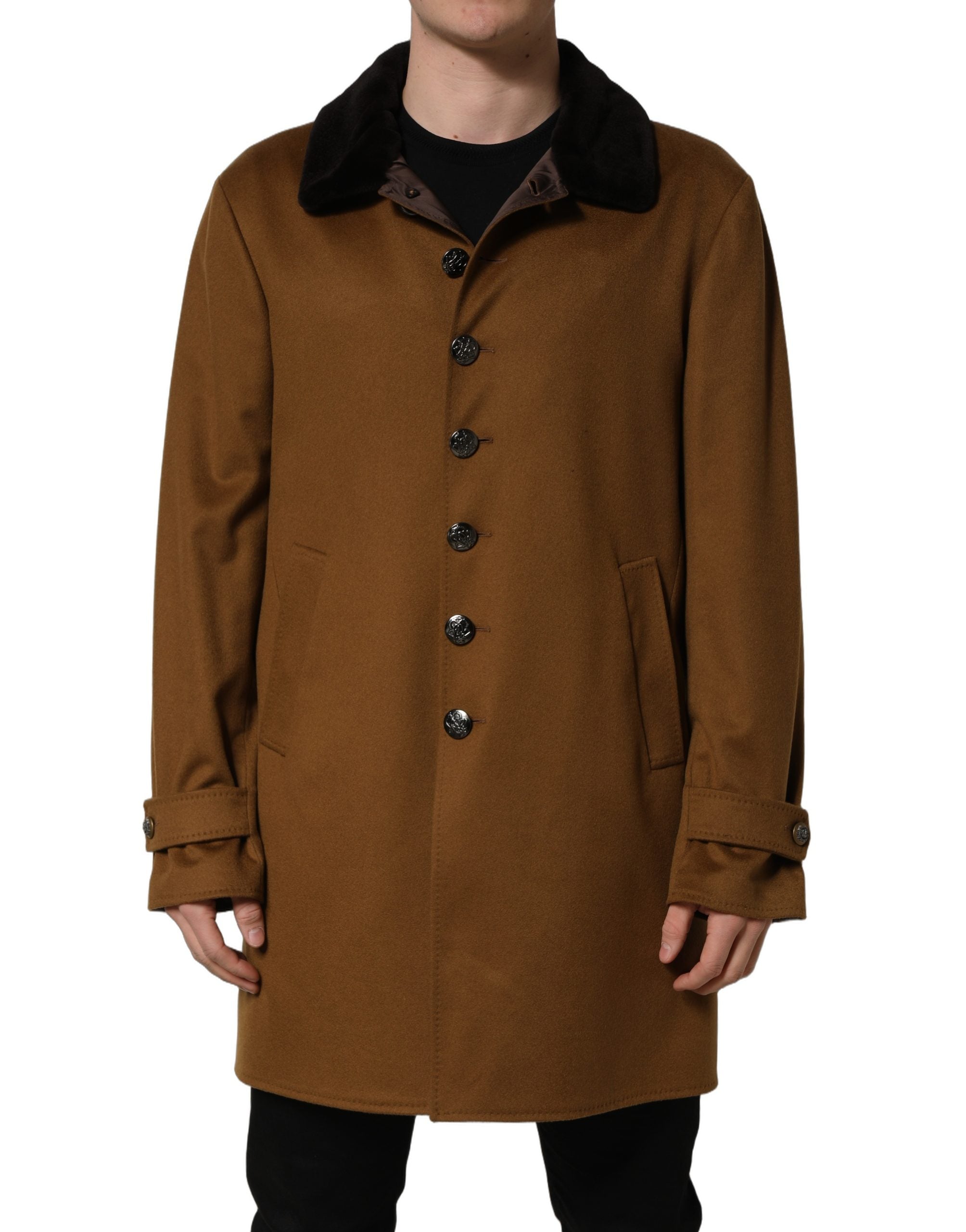 Dolce & Gabbana Brown Cashmere Mink Fur Men Overcoat Jacket Dolce & Gabbana