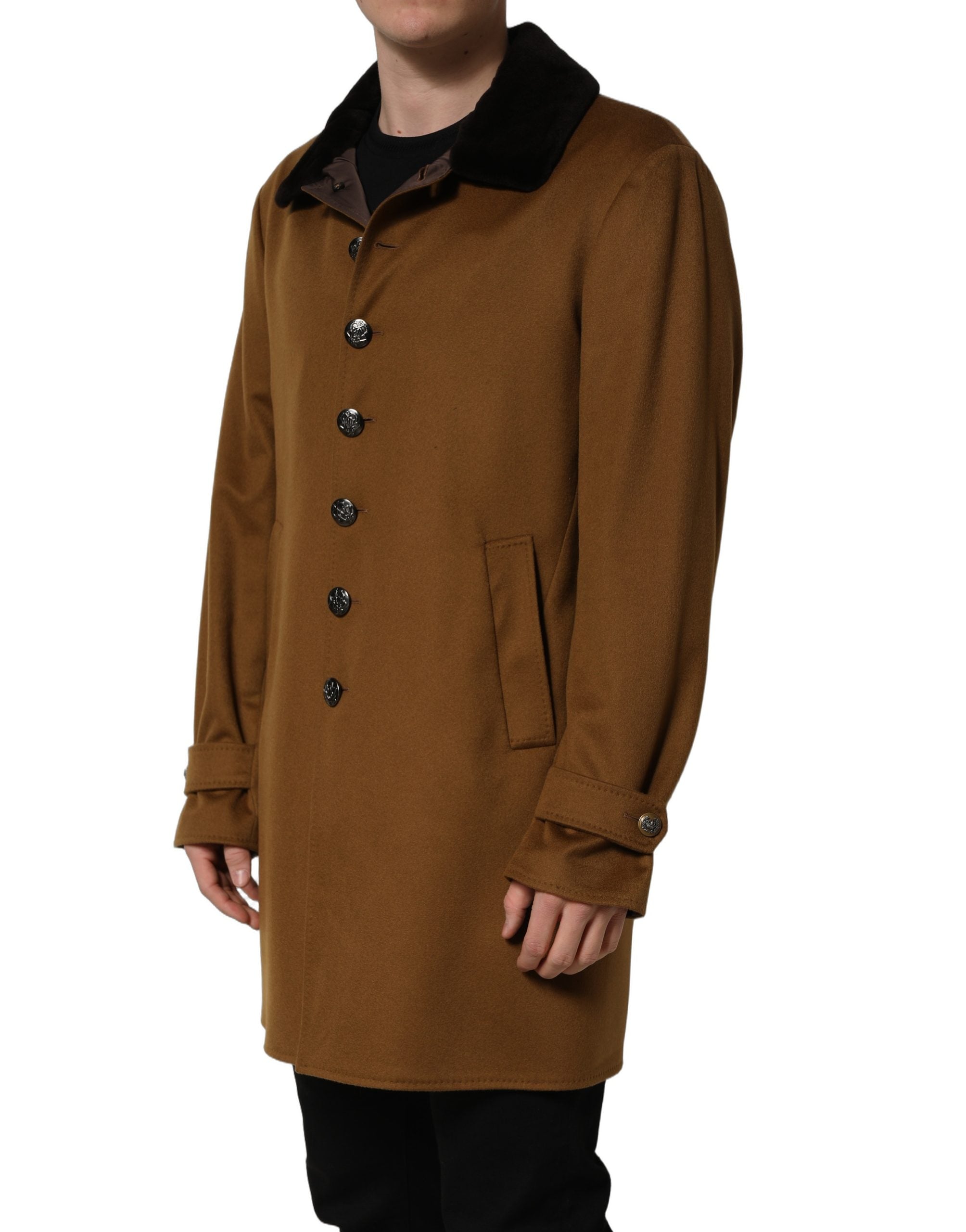 Dolce & Gabbana Brown Cashmere Mink Fur Men Overcoat Jacket Dolce & Gabbana
