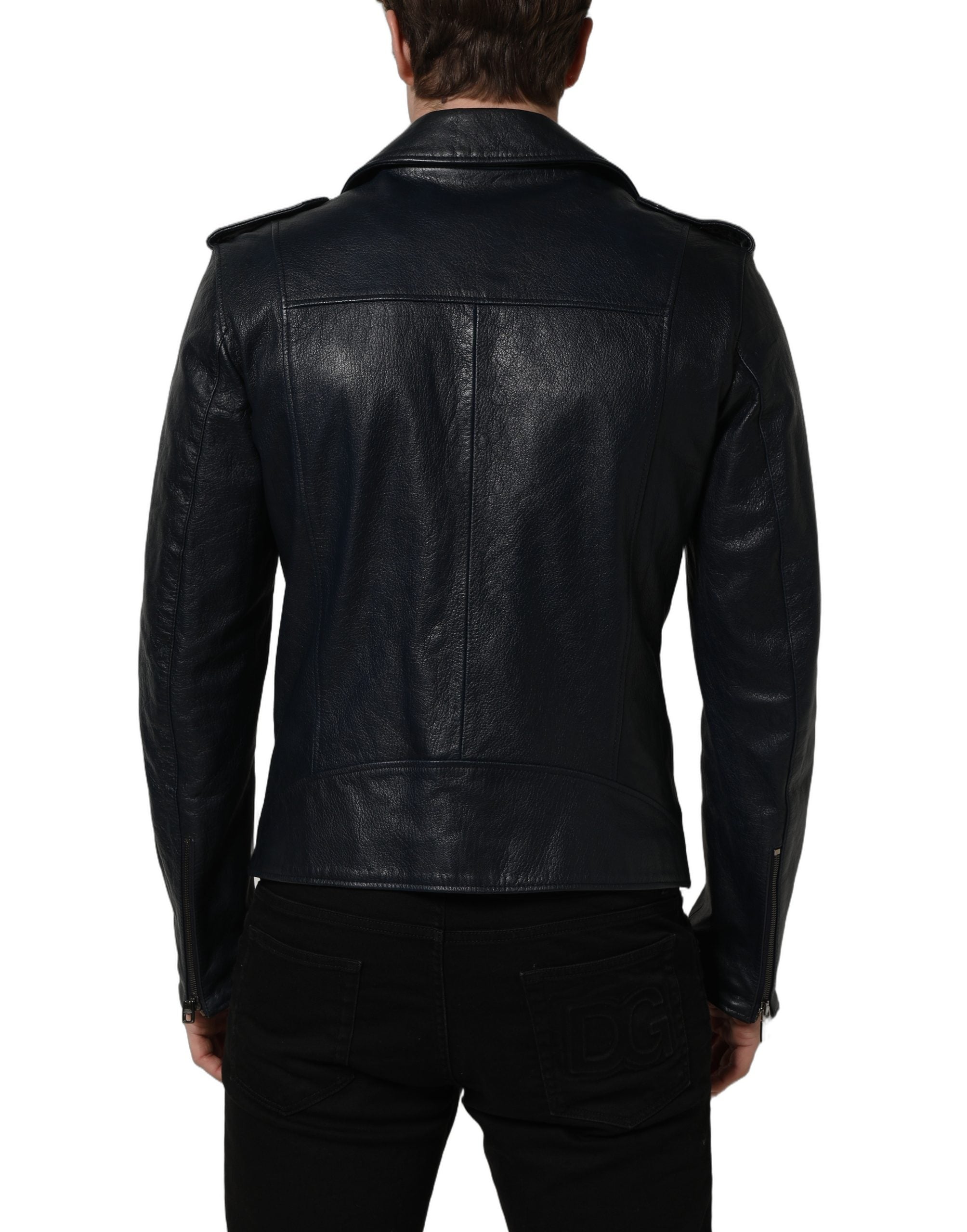 Dolce & Gabbana Black Leather Men Biker Coat Goatskin Jacket Dolce & Gabbana
