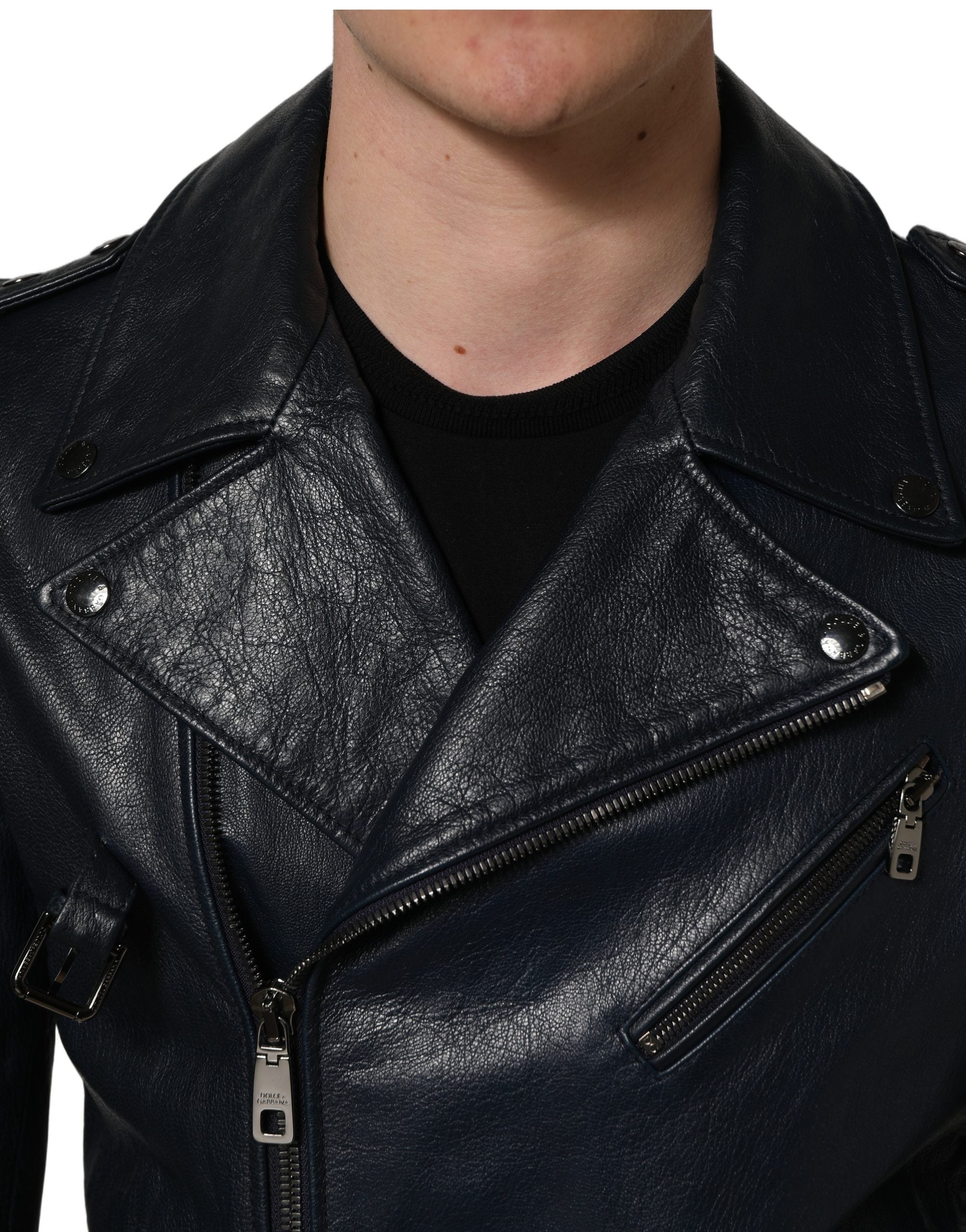 Dolce & Gabbana Black Leather Men Biker Coat Goatskin Jacket Dolce & Gabbana