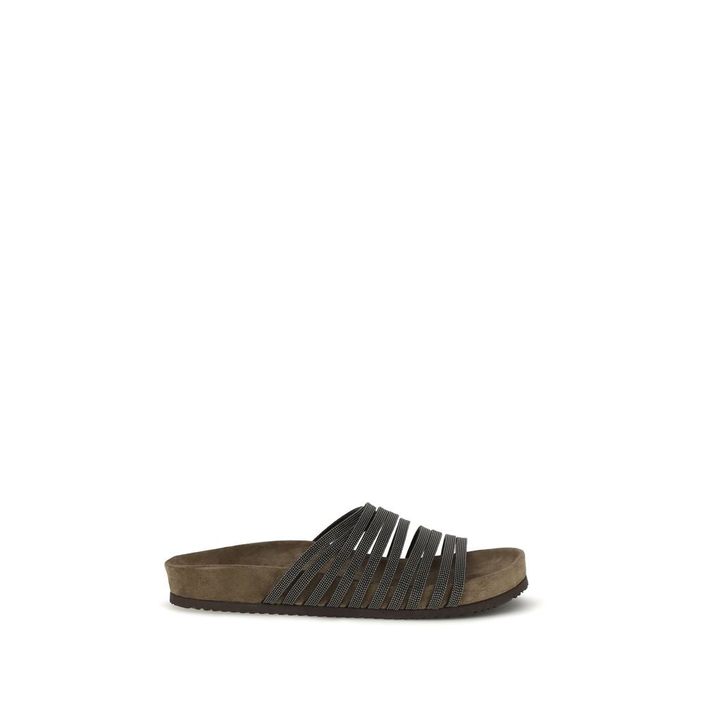 Brunello Cucinelli Black Calf Leather Bos Taurus Flat Sandals Brunello Cucinelli