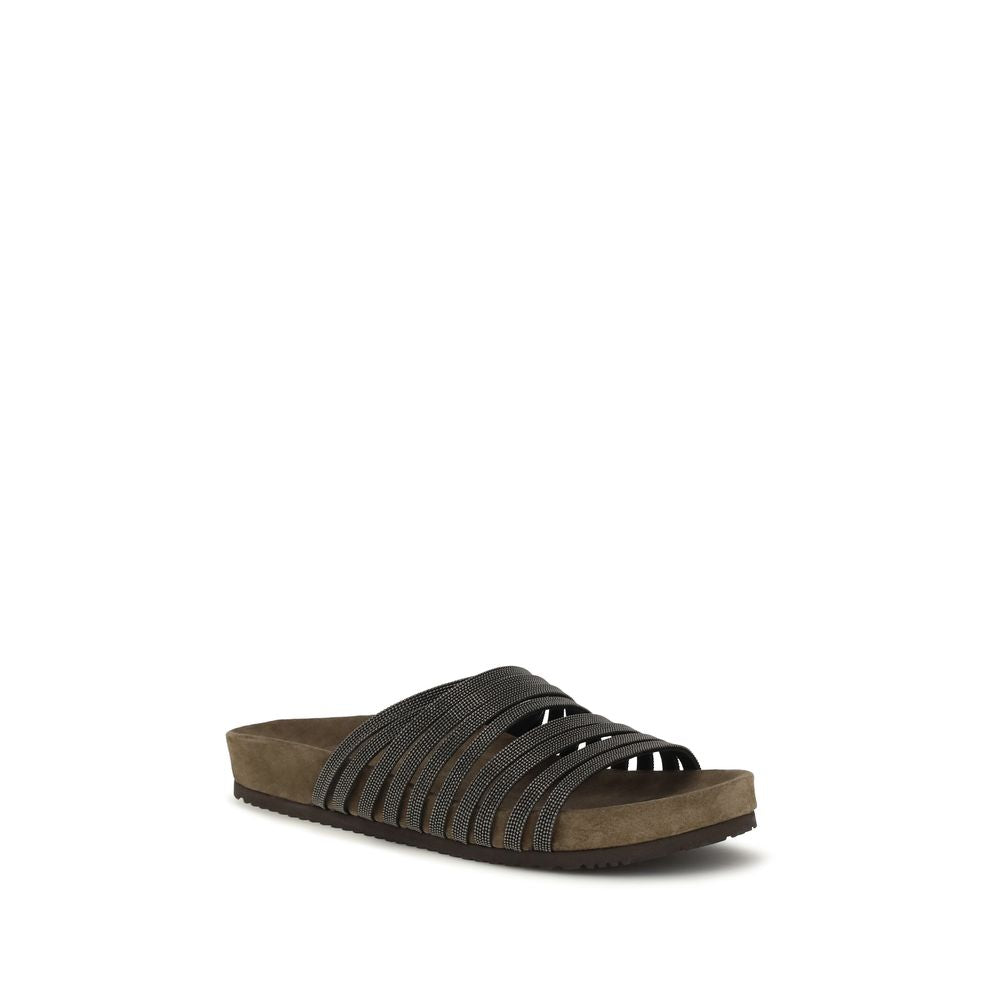 Brunello Cucinelli Black Calf Leather Bos Taurus Flat Sandals Brunello Cucinelli