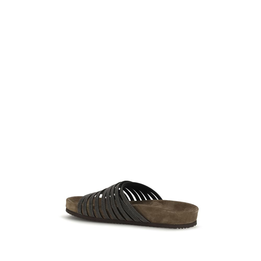 Brunello Cucinelli Black Calf Leather Bos Taurus Flat Sandals Brunello Cucinelli