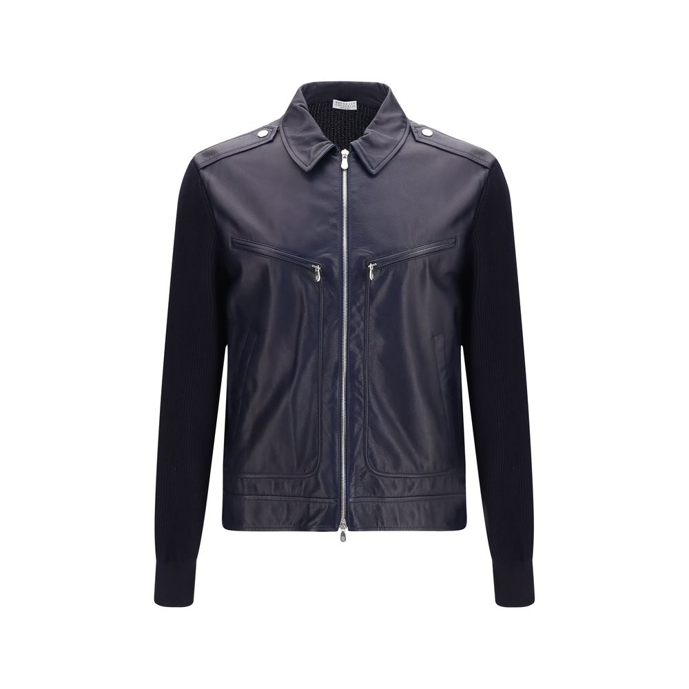 Brunello Cucinelli Blue Calf Leather Bos Taurus Leather Jacket Brunello Cucinelli