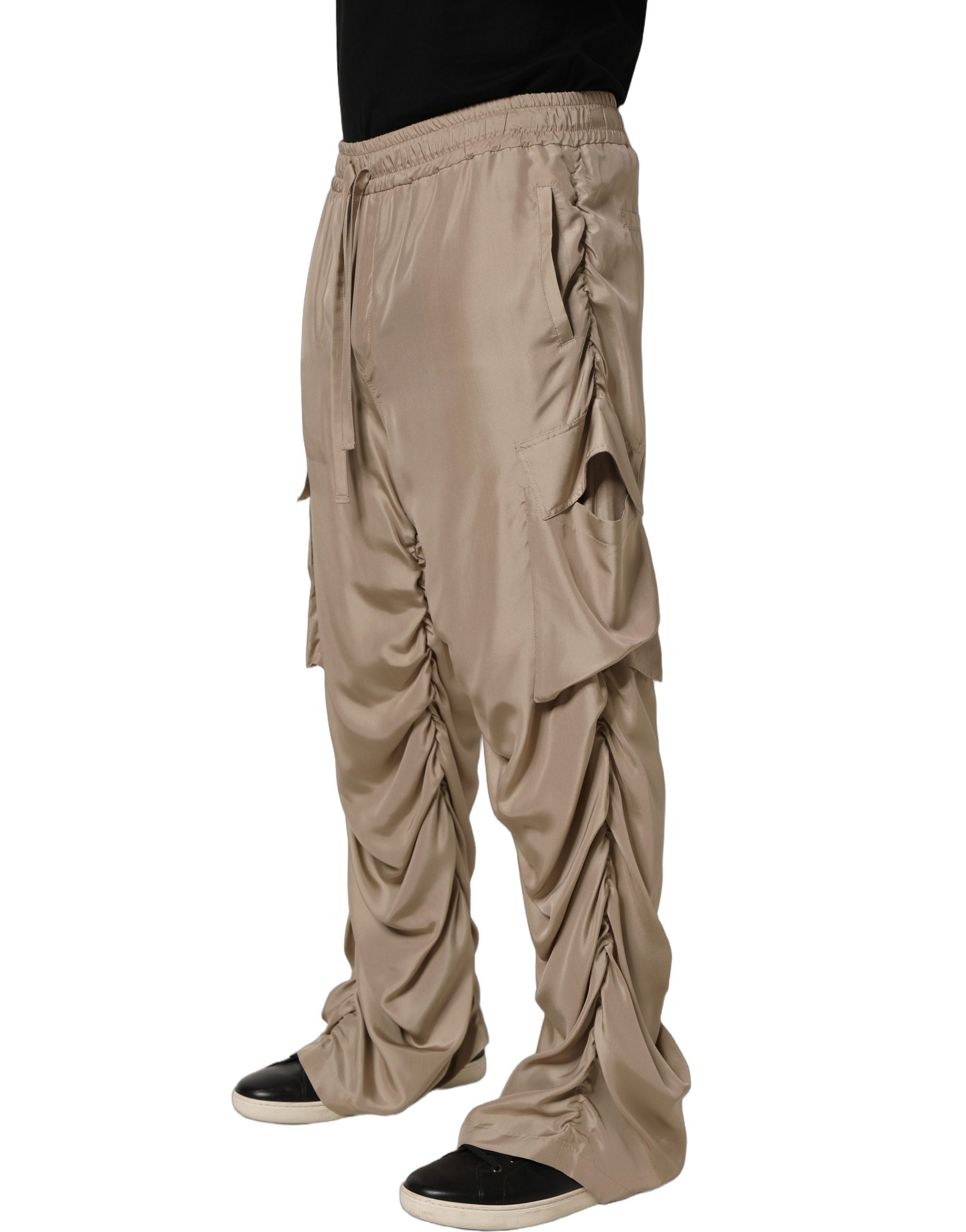 Dolce & Gabbana Brown Ruched Cargo Parachute Men Jogger Pants Dolce & Gabbana