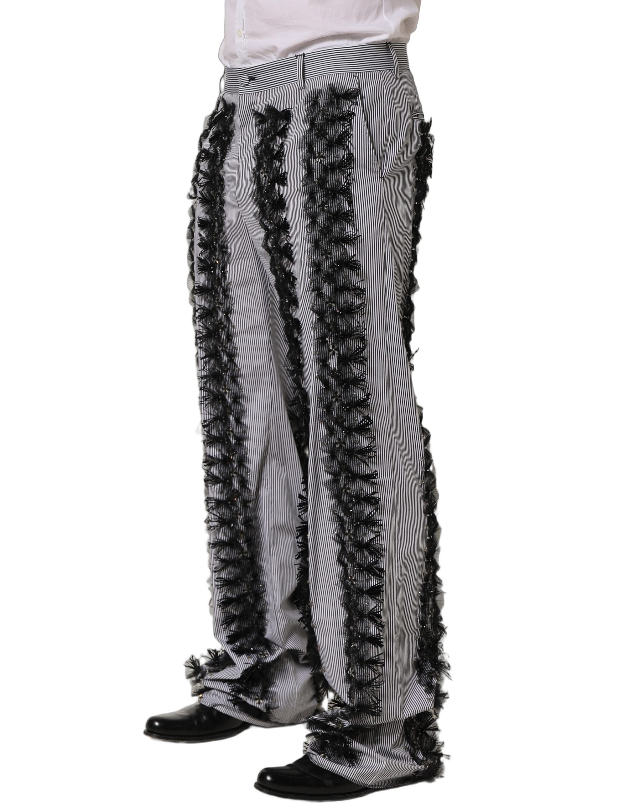 Dolce & Gabbana BlackGray Pinstripe Embellished Trouser Pants Dolce & Gabbana