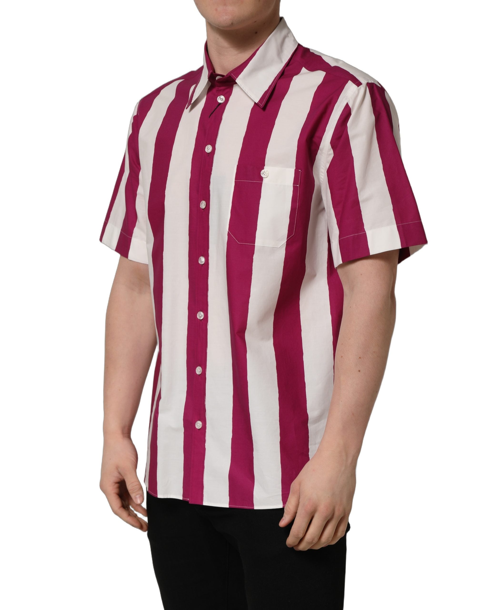 Dolce & Gabbana White Maroon Striped Men Short Sleeves Shirt Dolce & Gabbana