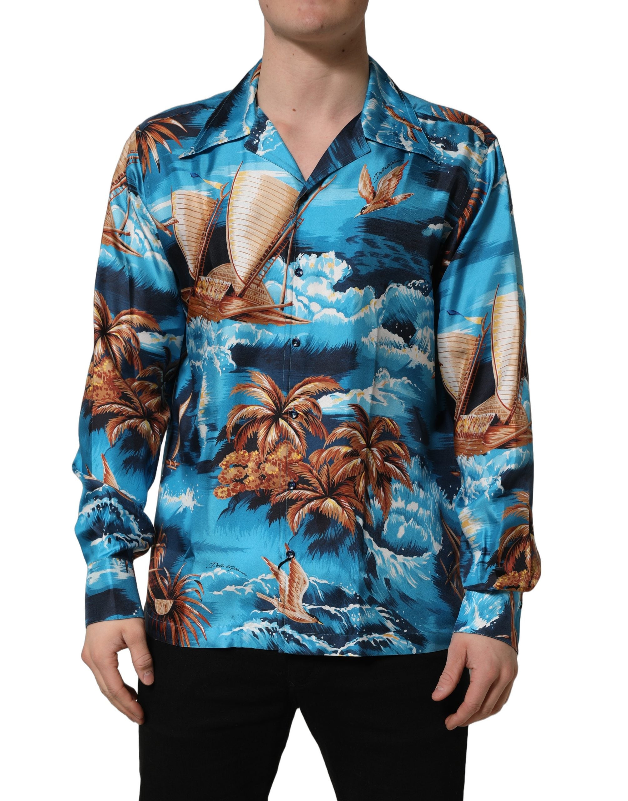 Dolce & Gabbana Blue Silk Twill Hawaiian GraphicPrint Shirt Dolce & Gabbana