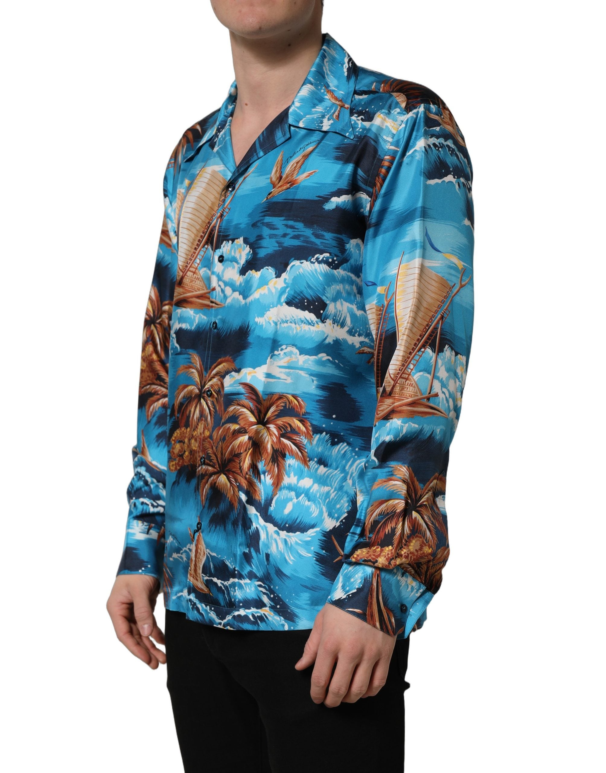 Dolce & Gabbana Blue Silk Twill Hawaiian GraphicPrint Shirt Dolce & Gabbana