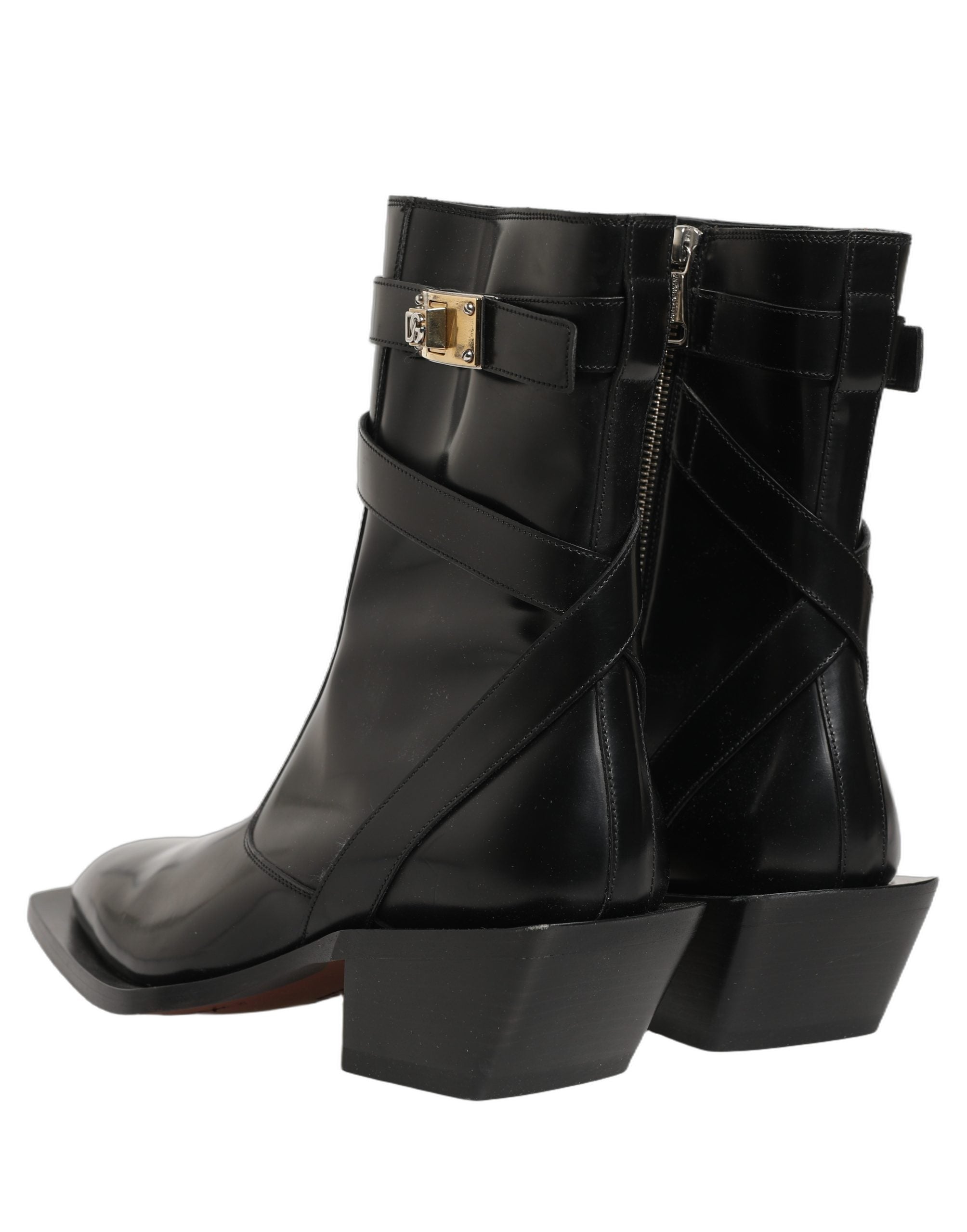 Dolce & Gabbana Black Leather DG Plaque Mid Calf Boots Shoes Dolce & Gabbana