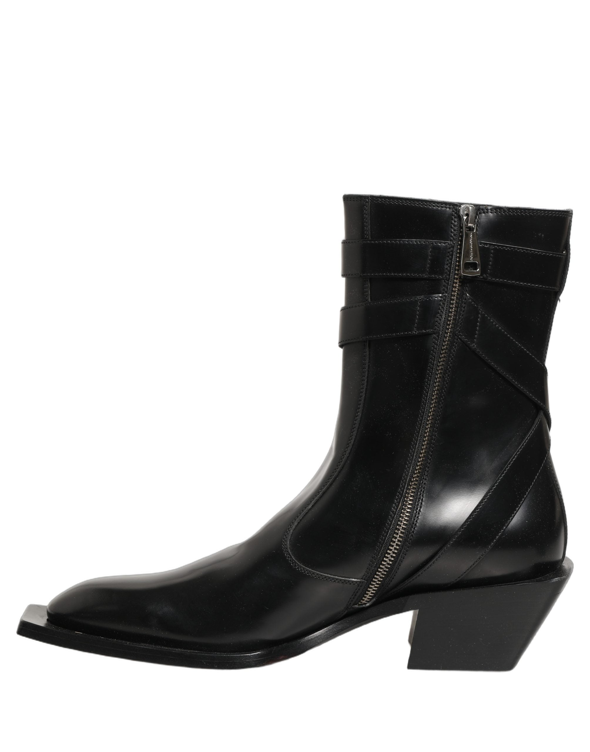 Dolce & Gabbana Black Leather DG Plaque Mid Calf Boots Shoes Dolce & Gabbana