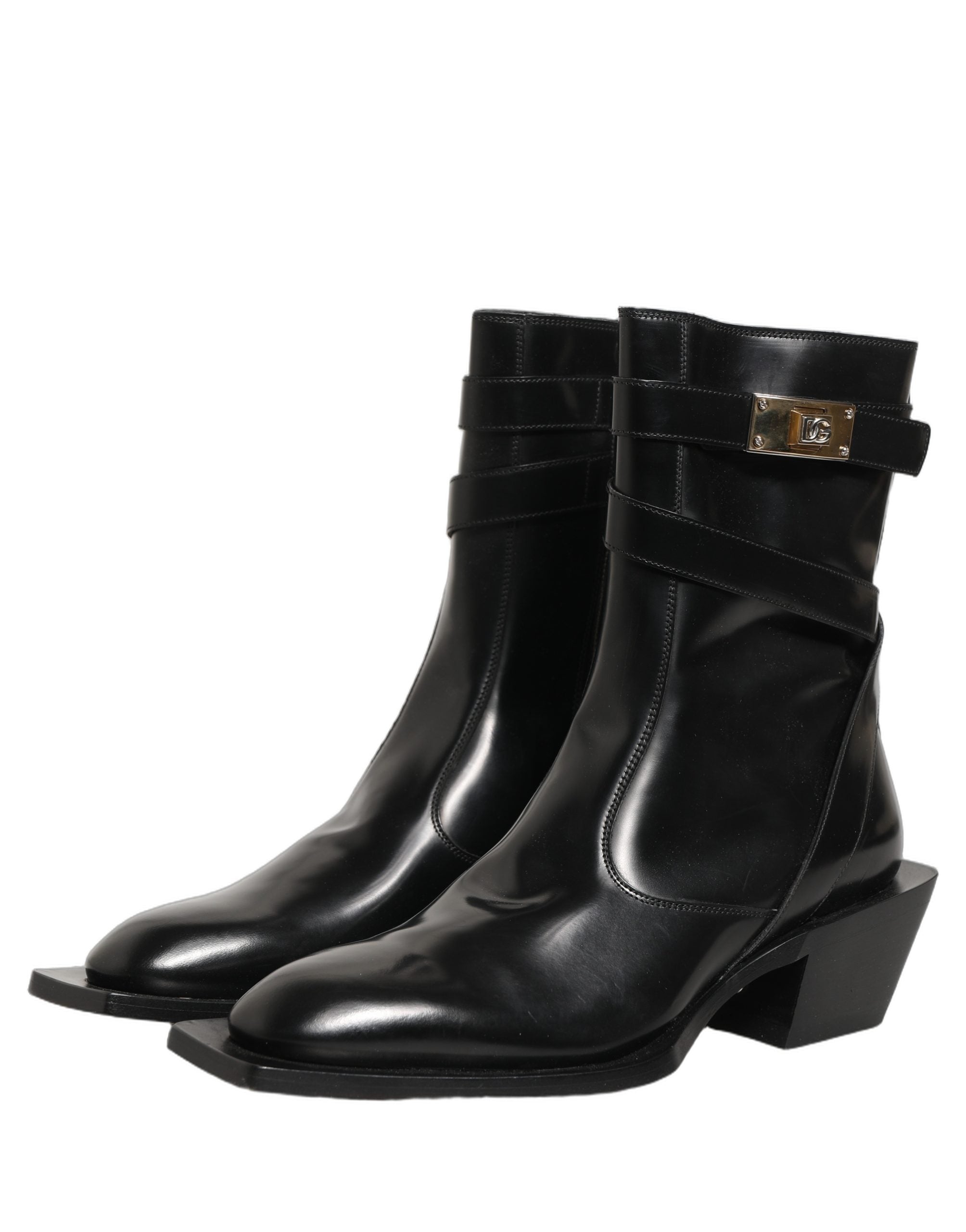 Dolce & Gabbana Black Leather DG Plaque Mid Calf Boots Shoes Dolce & Gabbana