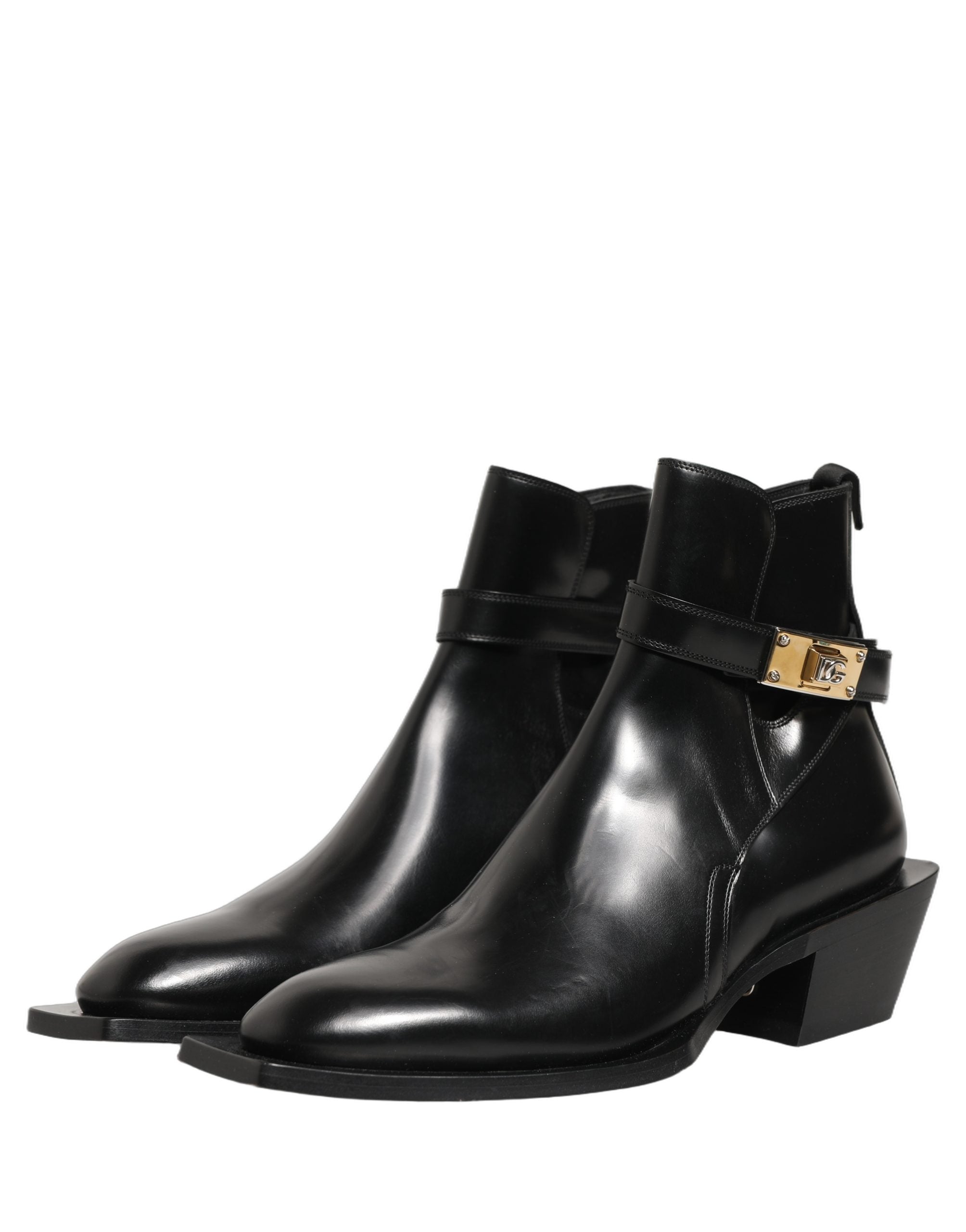 Dolce & Gabbana Black Leather DG Plaque Ankle Boots Shoes Dolce & Gabbana