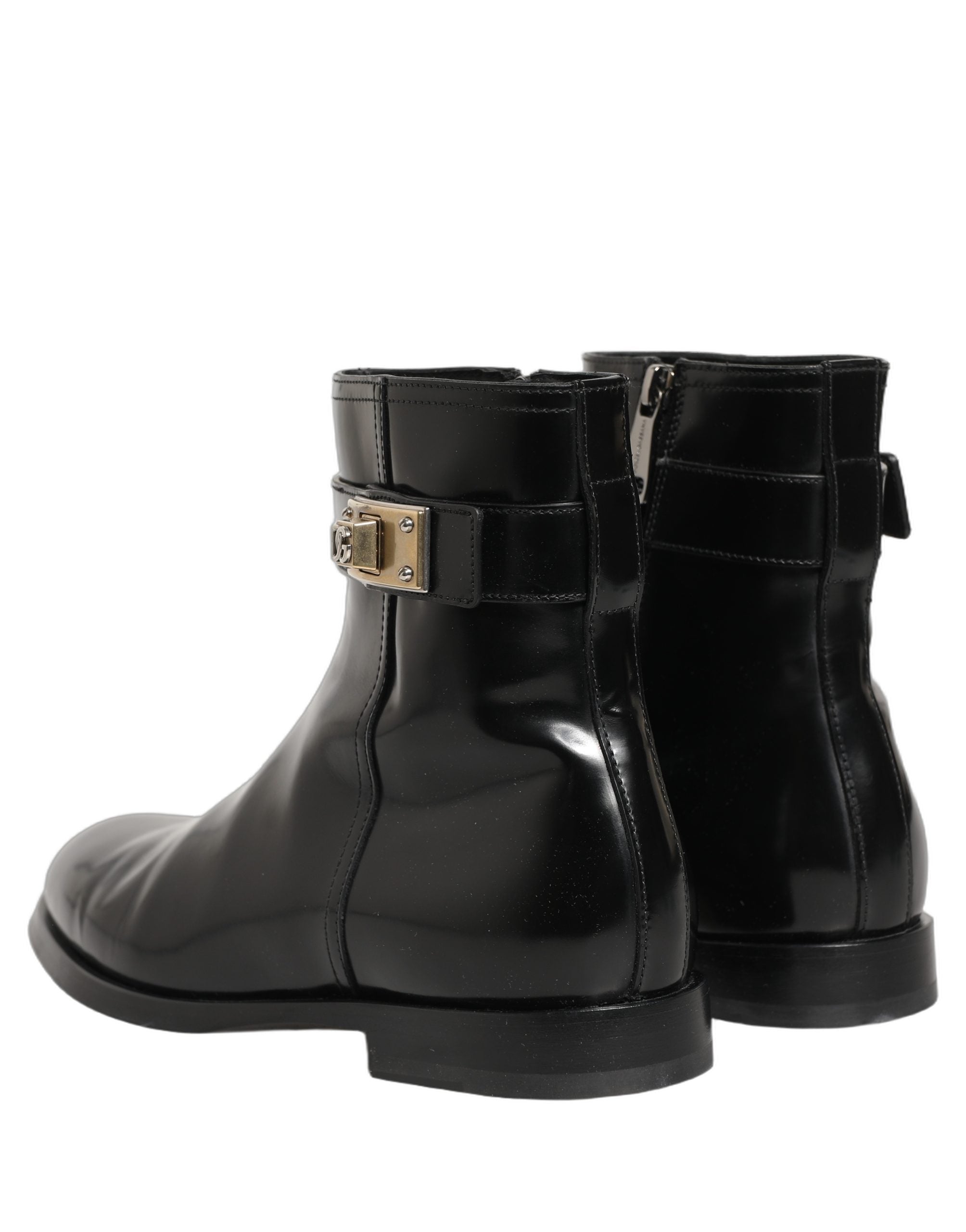 Dolce & Gabbana Black Leather Logo Buckle Mid Calf Boots Shoes Dolce & Gabbana