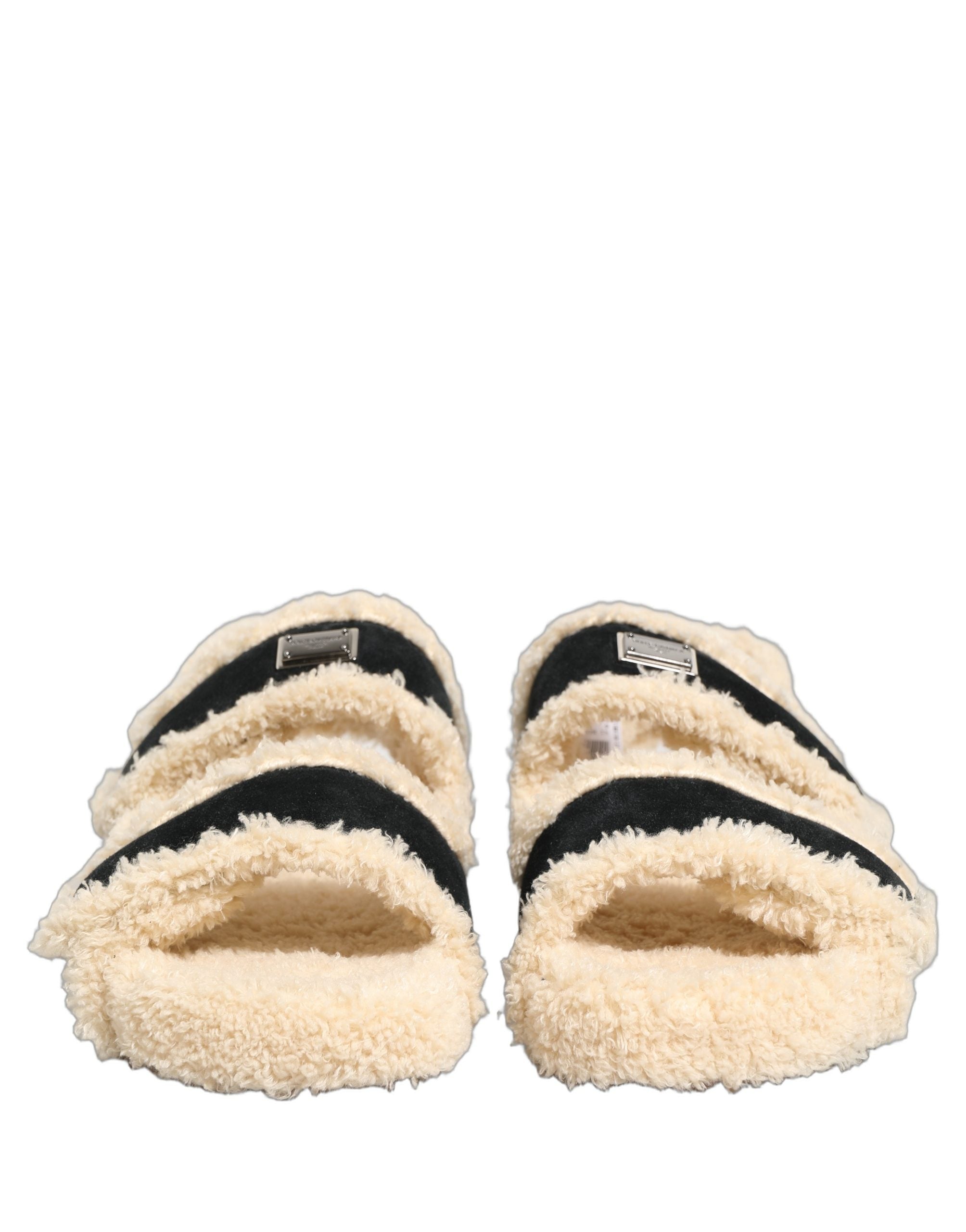 Dolce & Gabbana Beige Black Faux Fur Flats Men Sandals Shoes Dolce & Gabbana