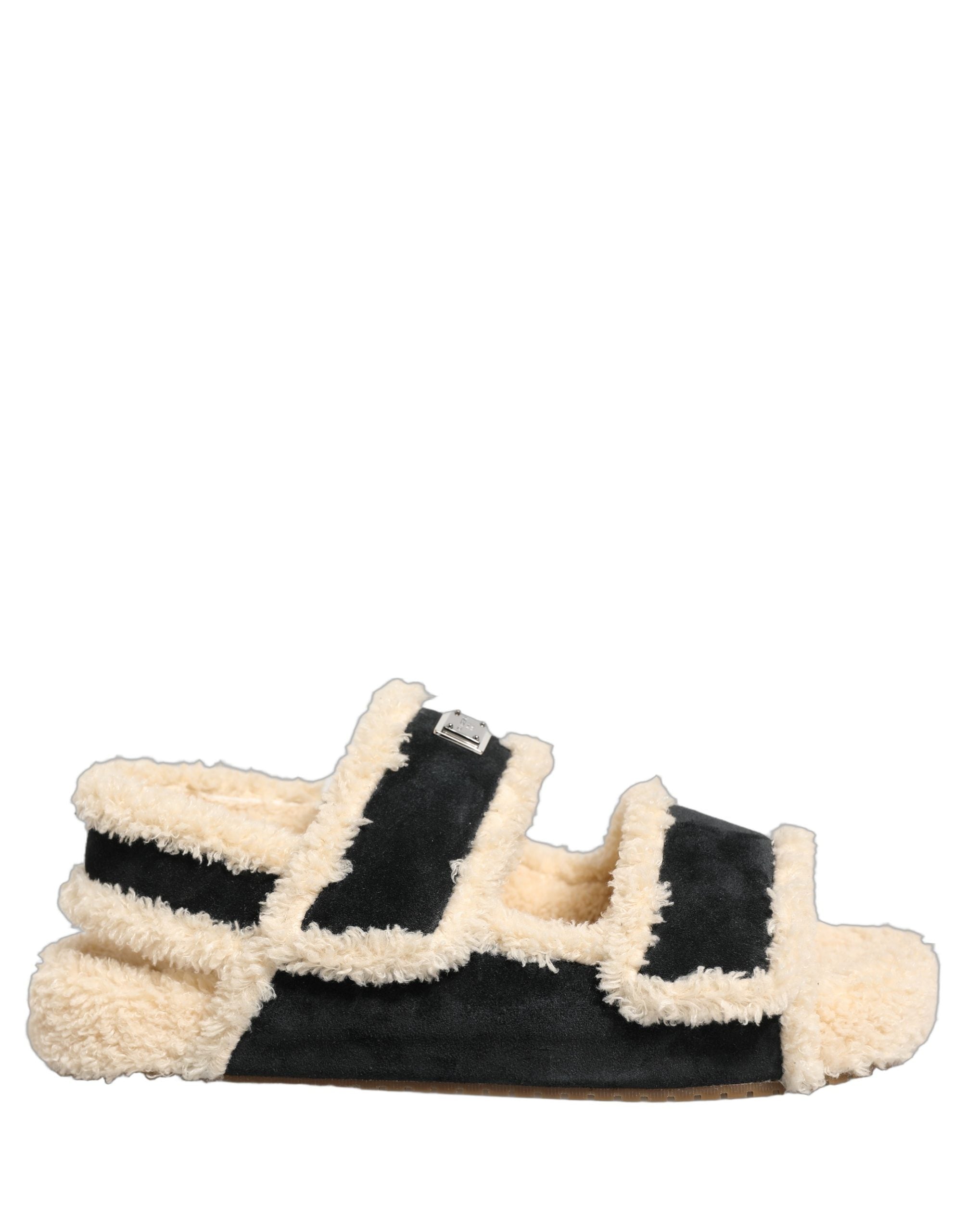 Dolce & Gabbana Beige Black Faux Fur Flats Men Sandals Shoes Dolce & Gabbana