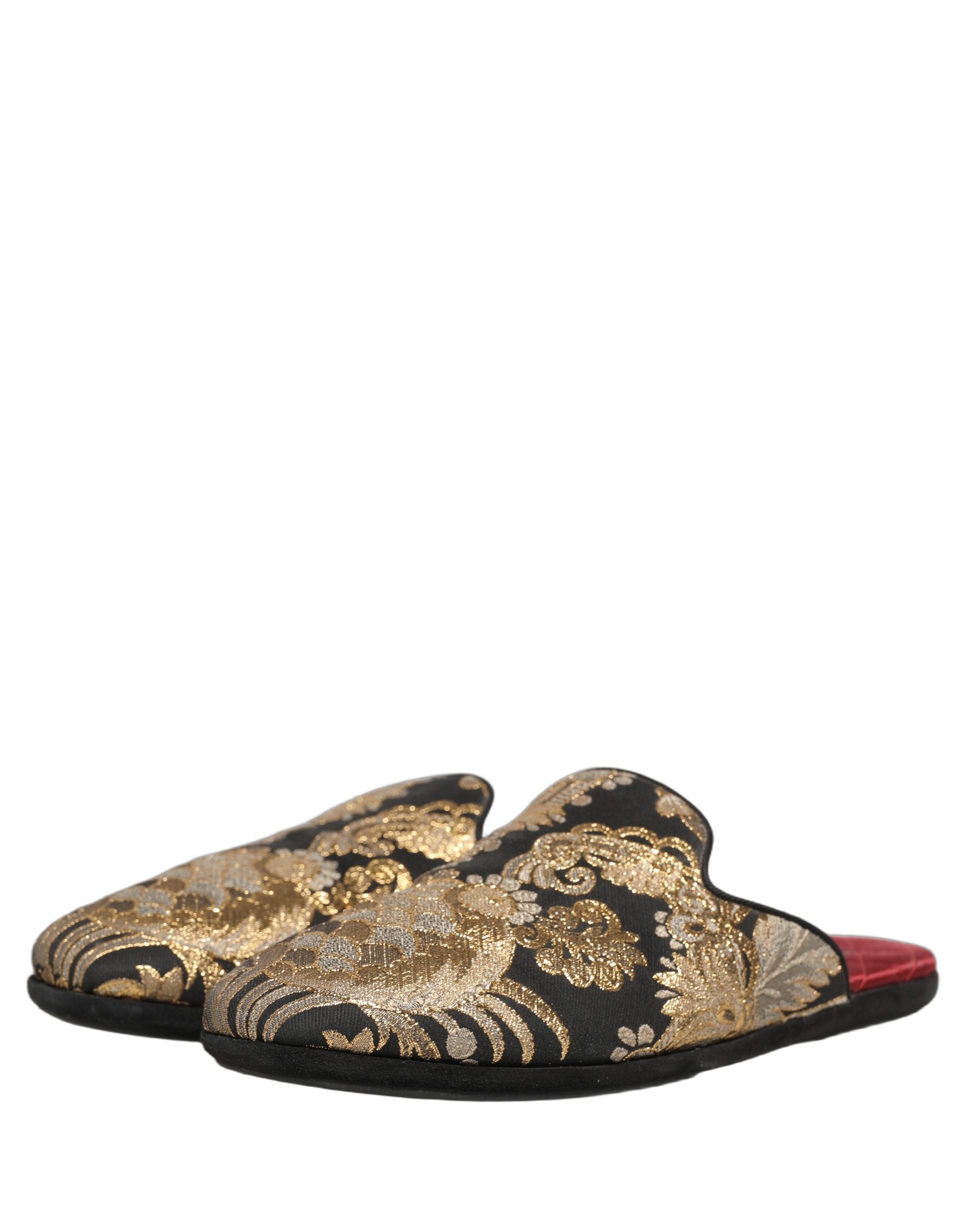 Dolce & Gabbana Black Floral Jacquard Flats Sandals Men Shoes Dolce & Gabbana