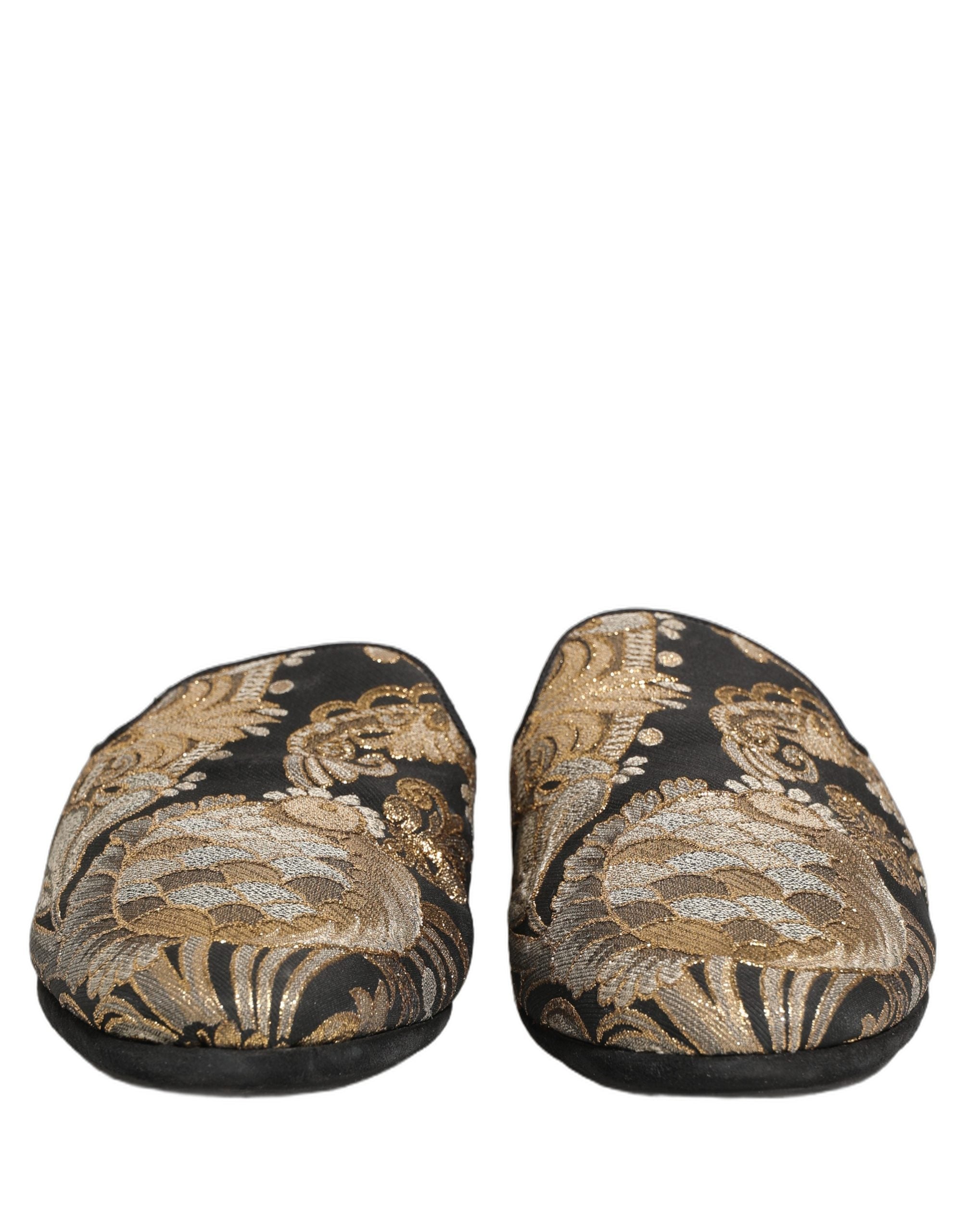 Dolce & Gabbana Black Floral Jacquard Flats Sandals Men Shoes Dolce & Gabbana