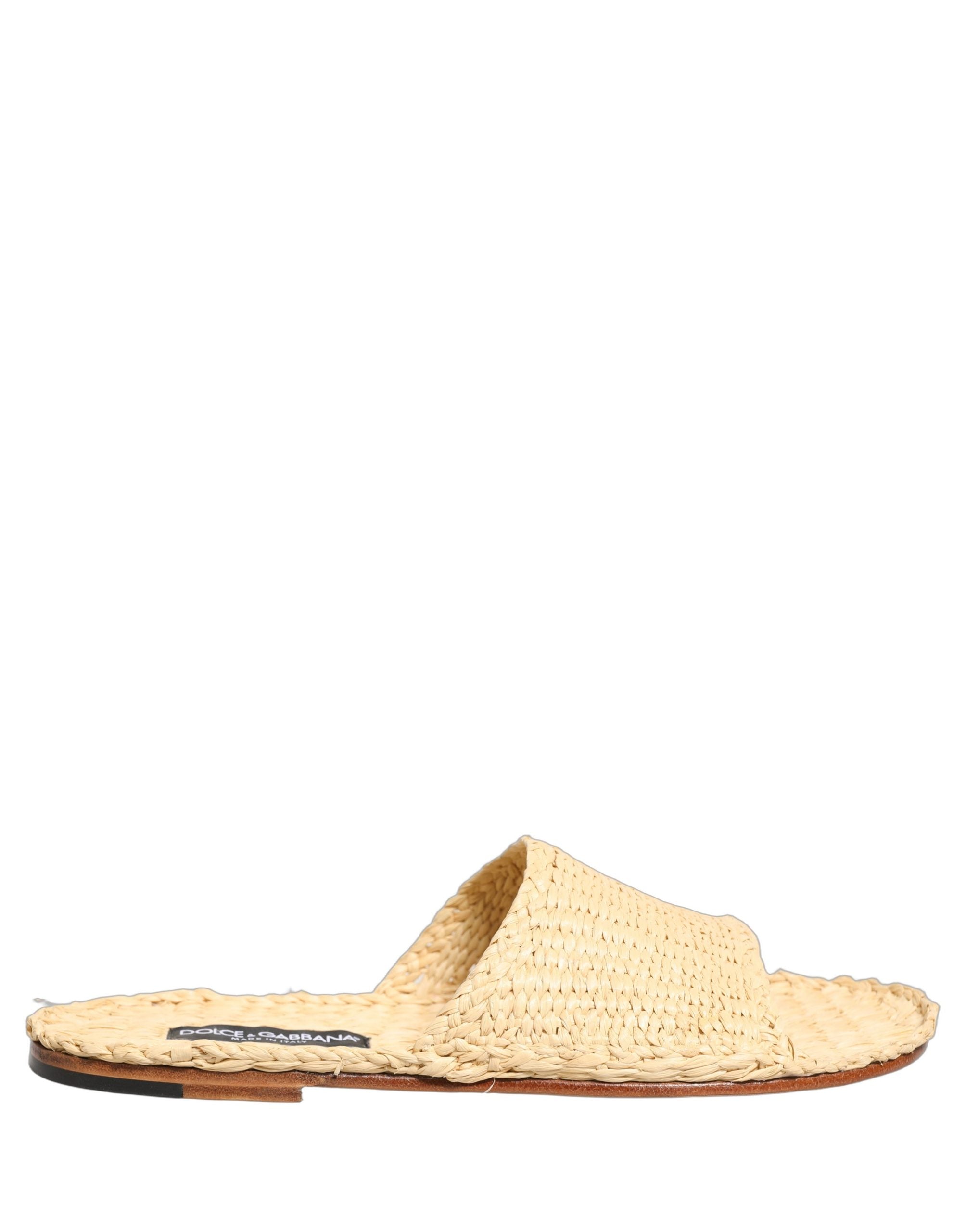 Dolce & Gabbana Beige Straw Raffia Slides Sandals Flats Shoes Dolce & Gabbana