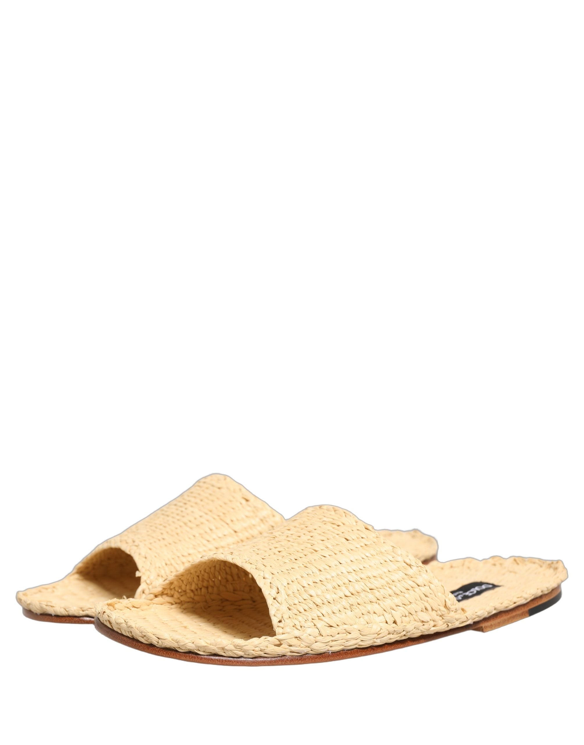 Dolce & Gabbana Beige Straw Raffia Slides Sandals Flats Shoes Dolce & Gabbana