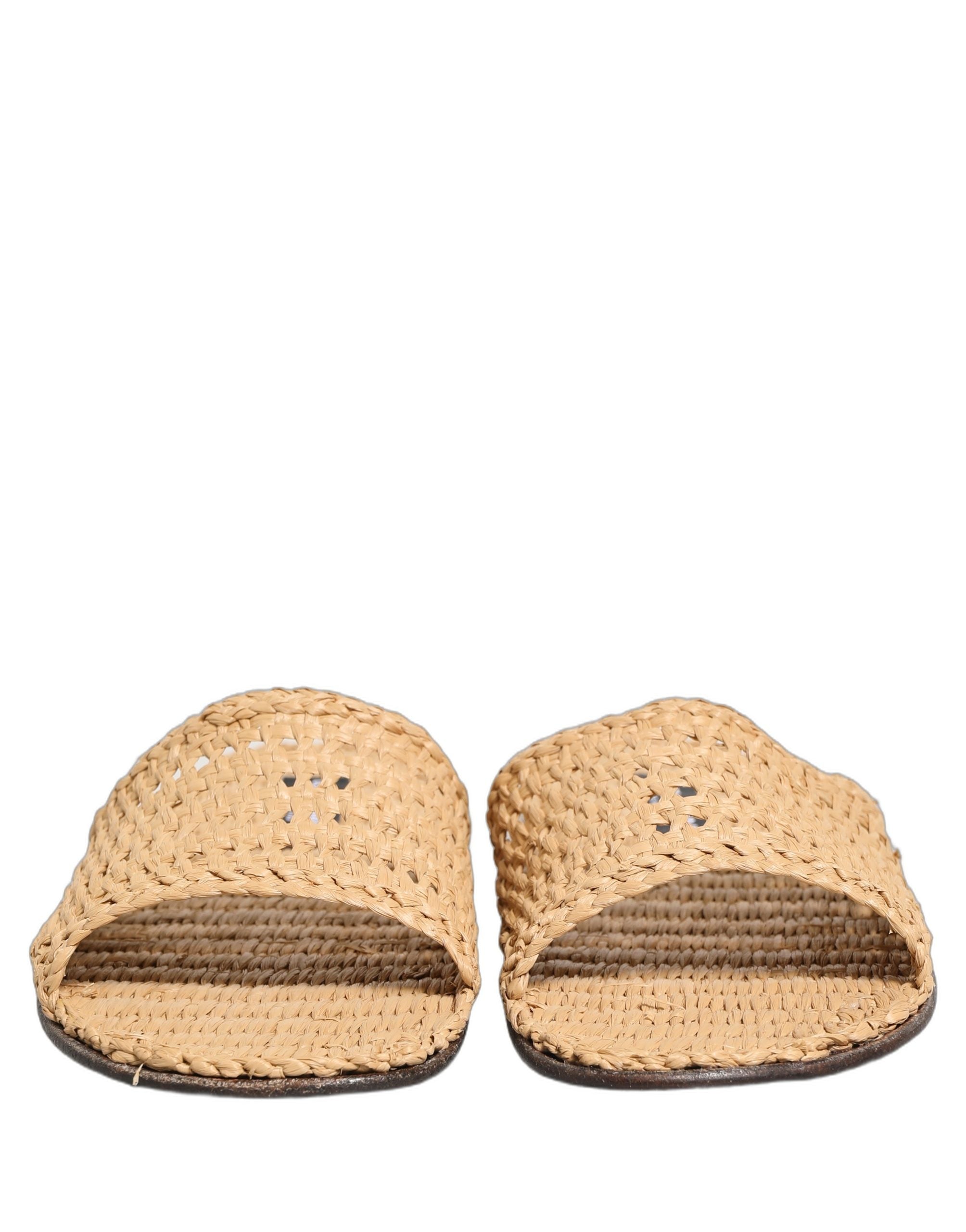 Dolce & Gabbana Beige Straw Raffia Slides Sandals Flats Shoes Dolce & Gabbana