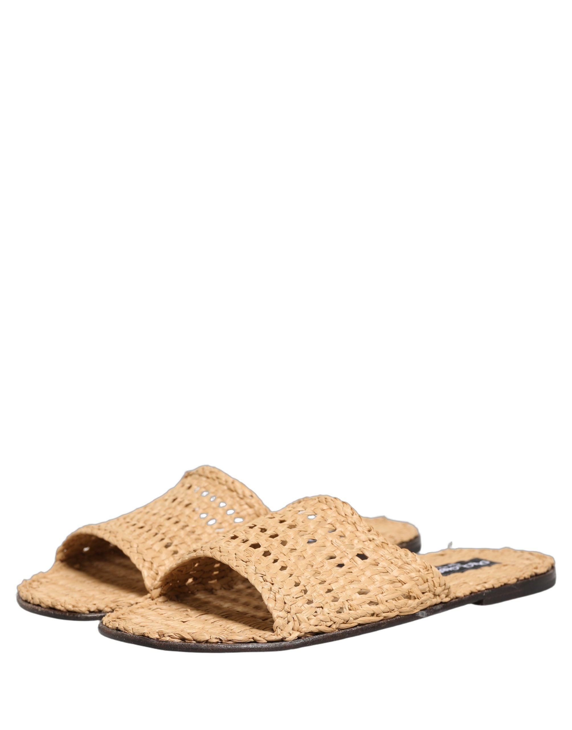 Dolce & Gabbana Beige Straw Raffia Slides Sandals Flats Shoes Dolce & Gabbana