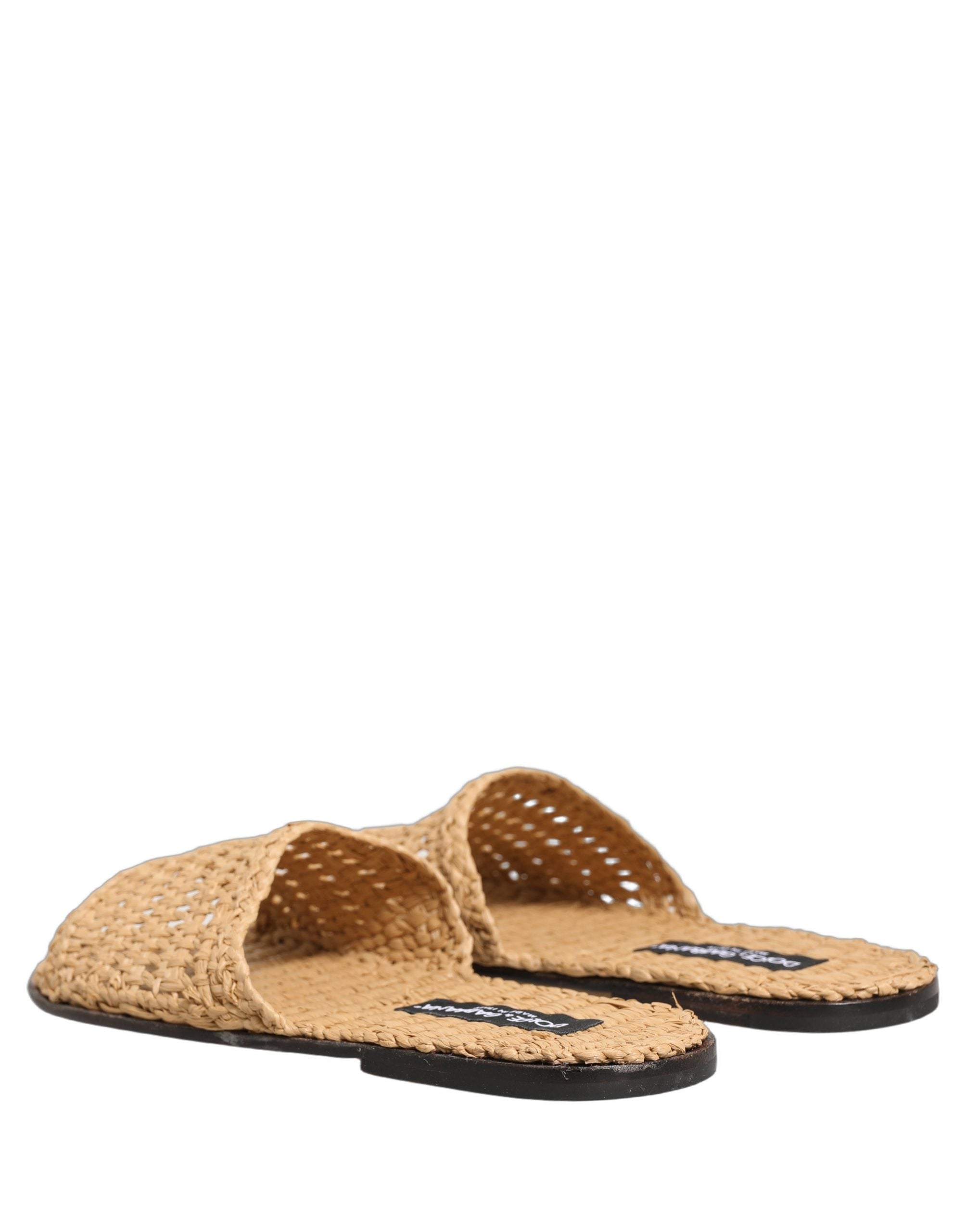 Dolce & Gabbana Beige Straw Raffia Slides Sandals Flats Shoes Dolce & Gabbana
