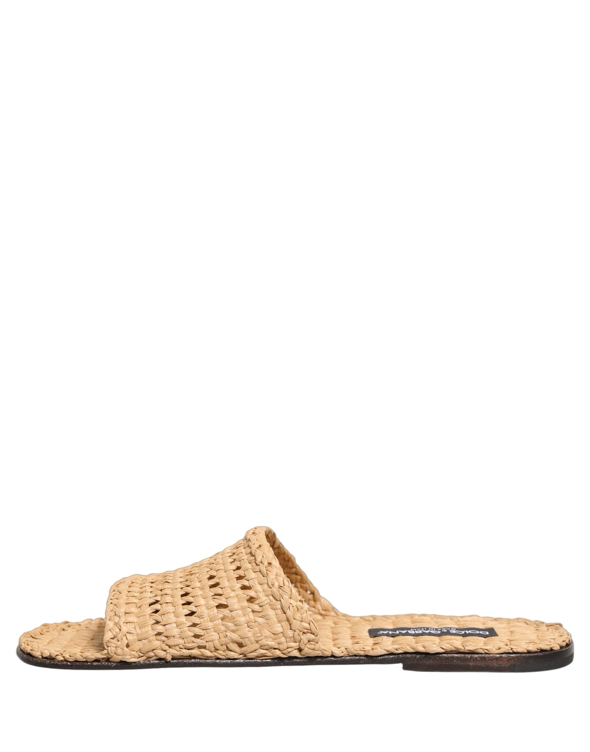 Dolce & Gabbana Beige Straw Raffia Slides Sandals Flats Shoes Dolce & Gabbana