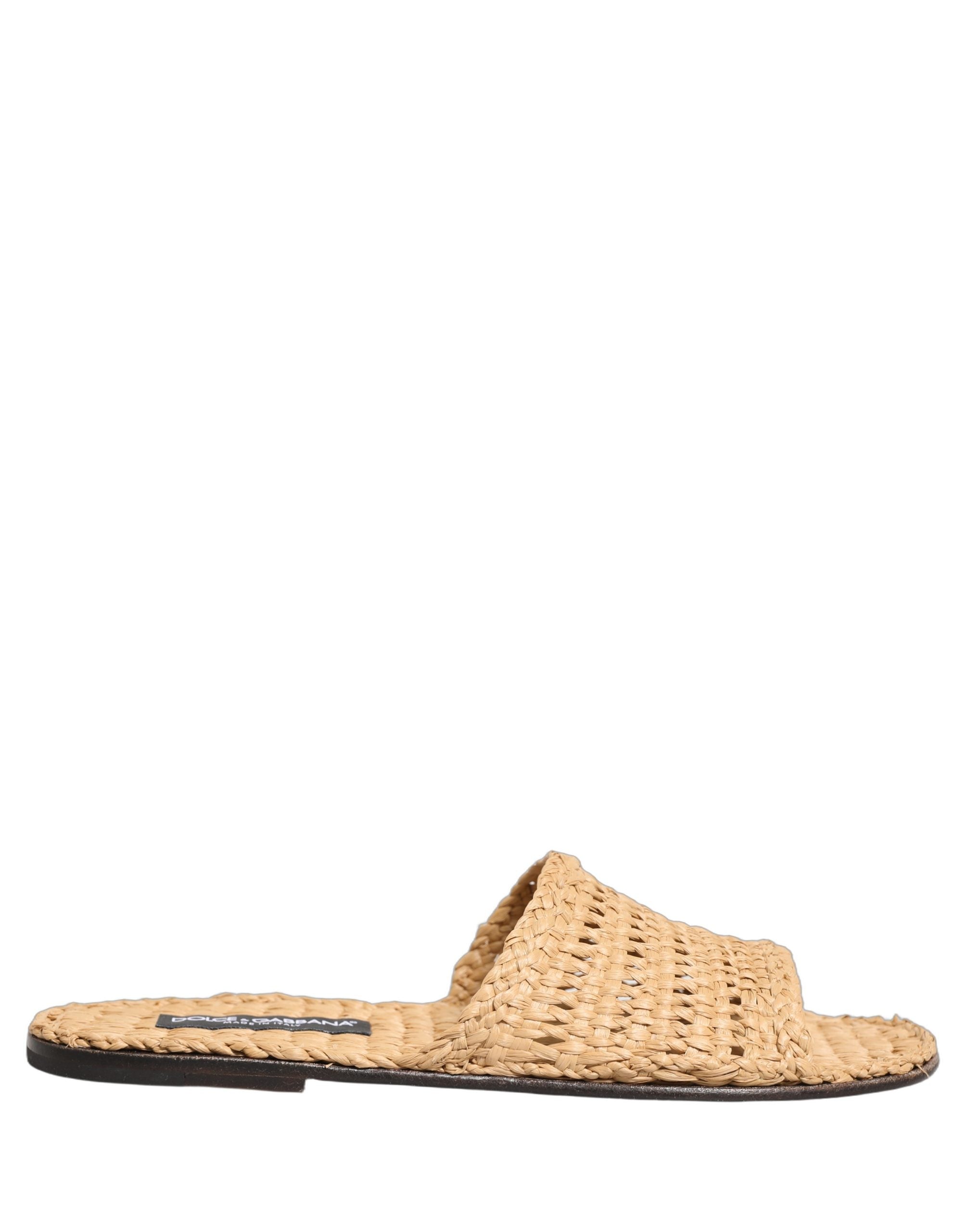 Dolce & Gabbana Beige Straw Raffia Slides Sandals Flats Shoes Dolce & Gabbana