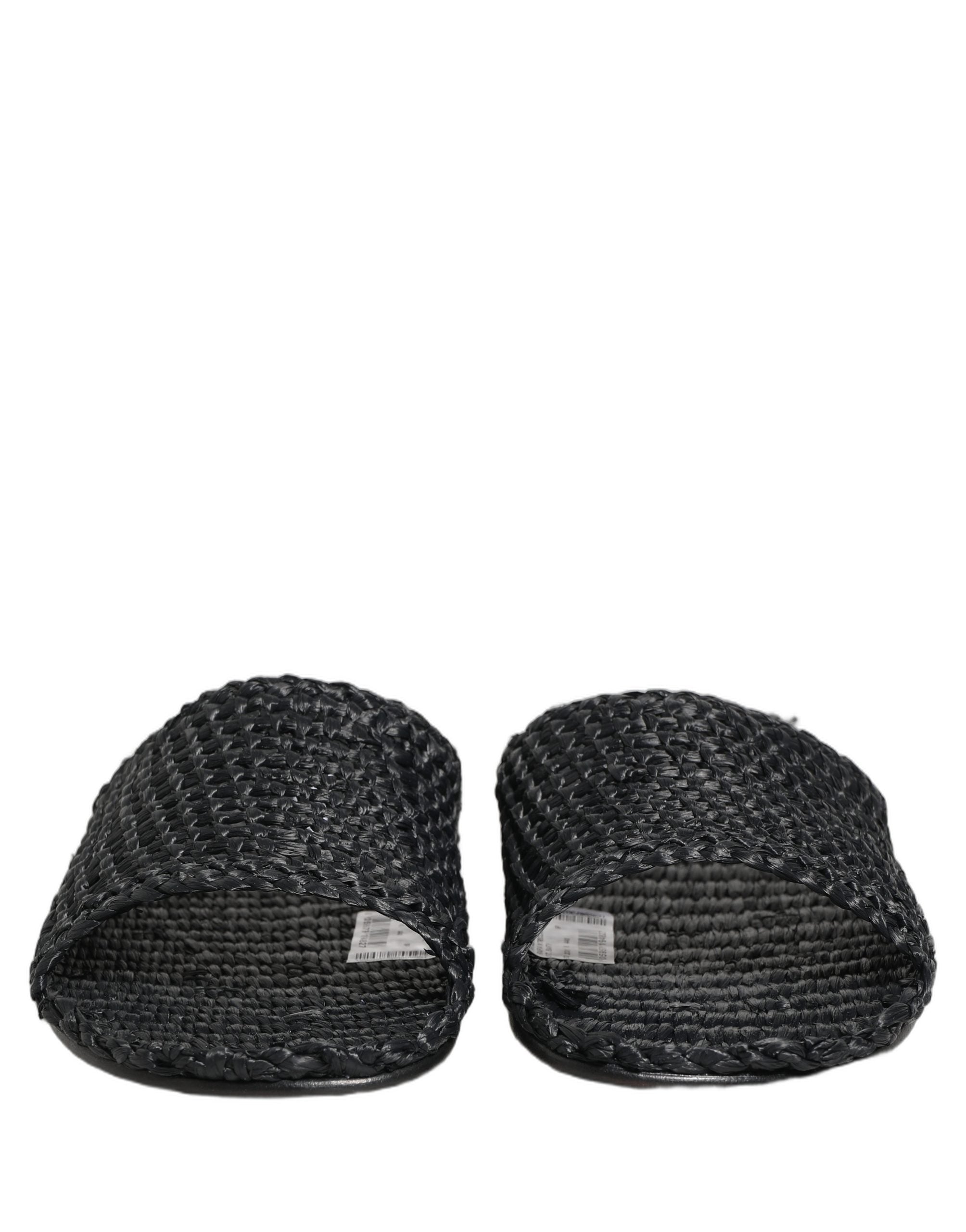 Dolce & Gabbana Black Straw Raffia Slides Sandals Flats Shoes Dolce & Gabbana