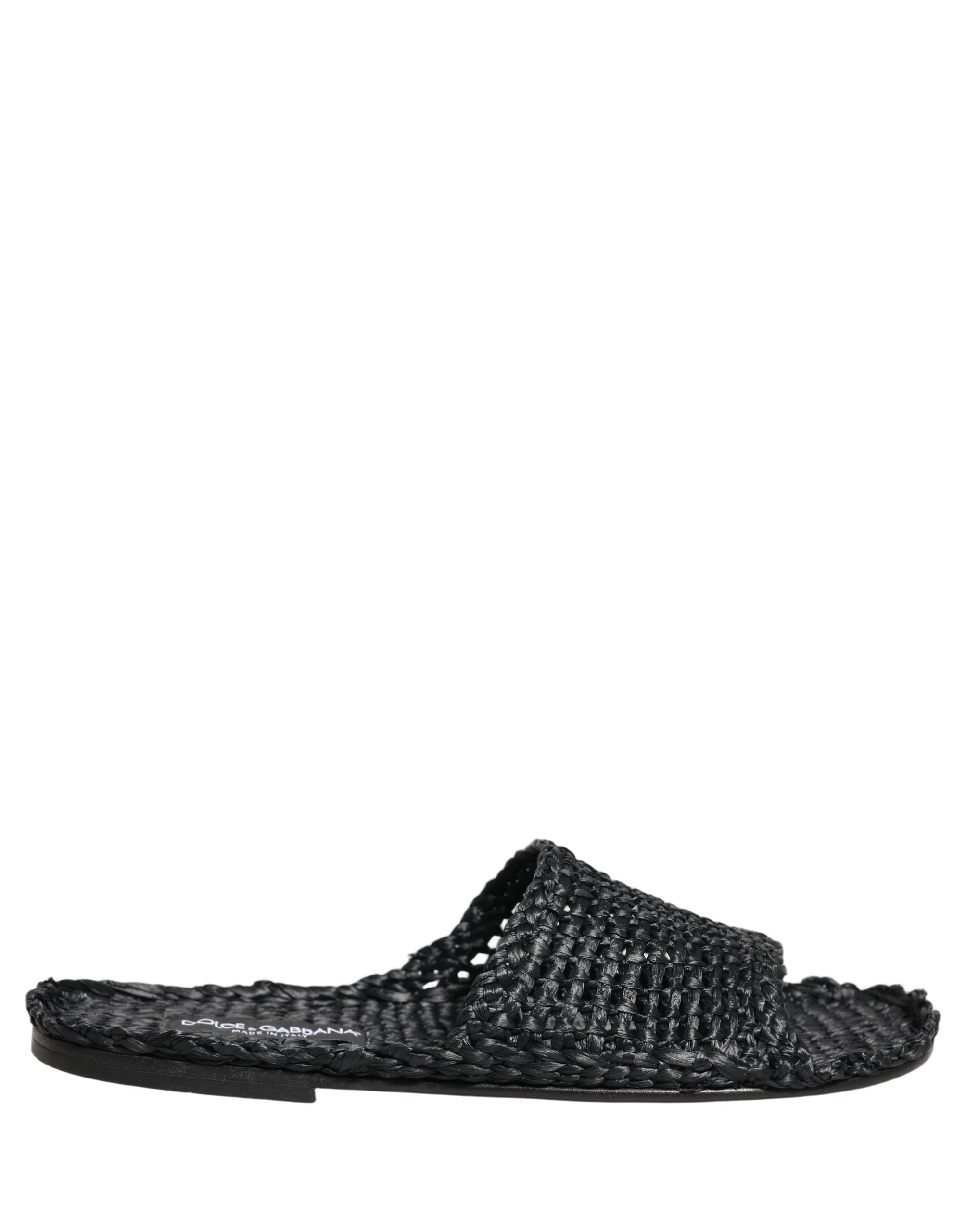 Dolce & Gabbana Black Straw Raffia Slides Sandals Flats Shoes Dolce & Gabbana