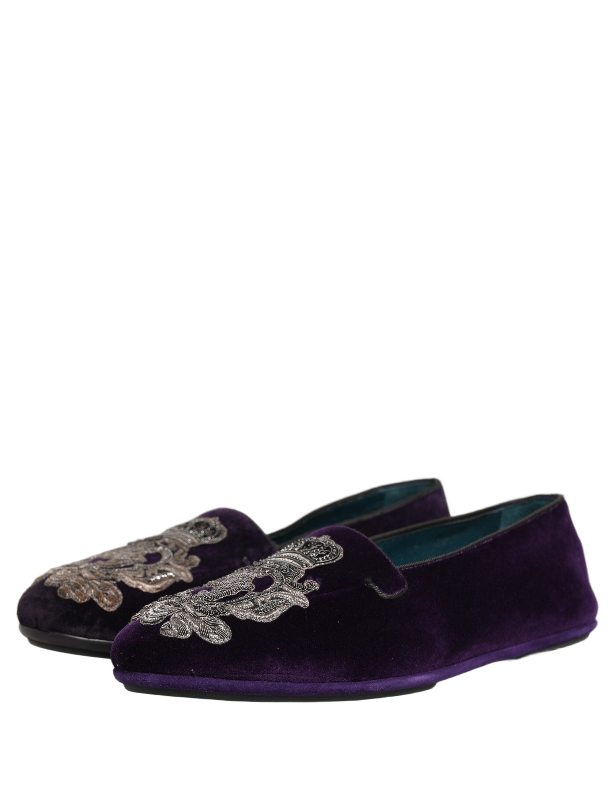 Dolce & Gabbana Purple Velvet Crown Embroidery Loafers Shoes Dolce & Gabbana
