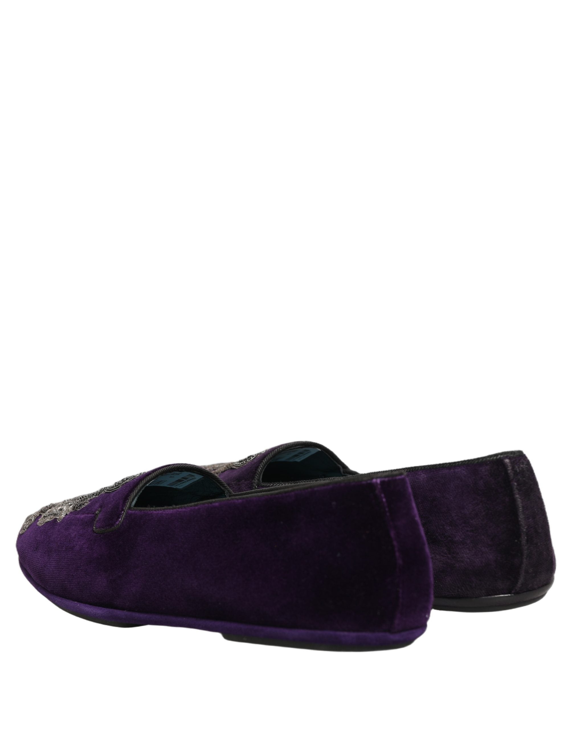 Dolce & Gabbana Purple Velvet Crown Embroidery Loafers Shoes Dolce & Gabbana