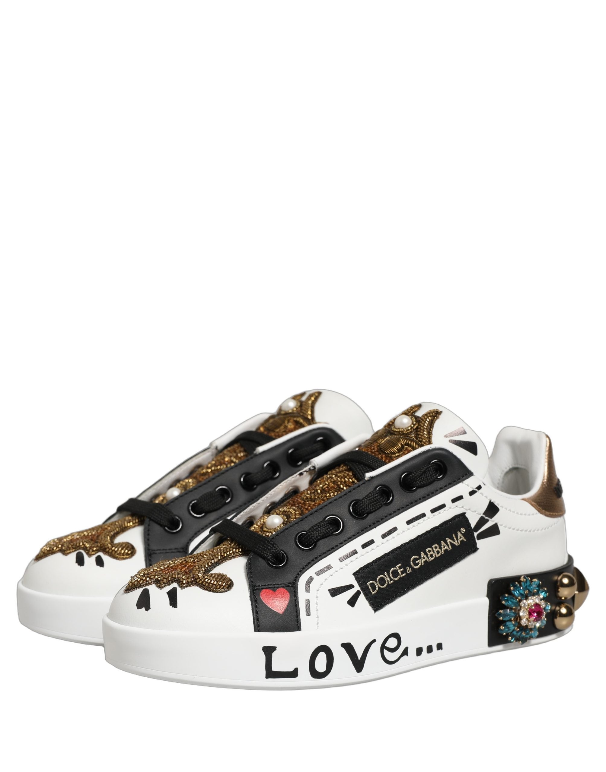 Dolce & Gabbana White Gold Studded Portofino Sneakers Shoes Dolce & Gabbana