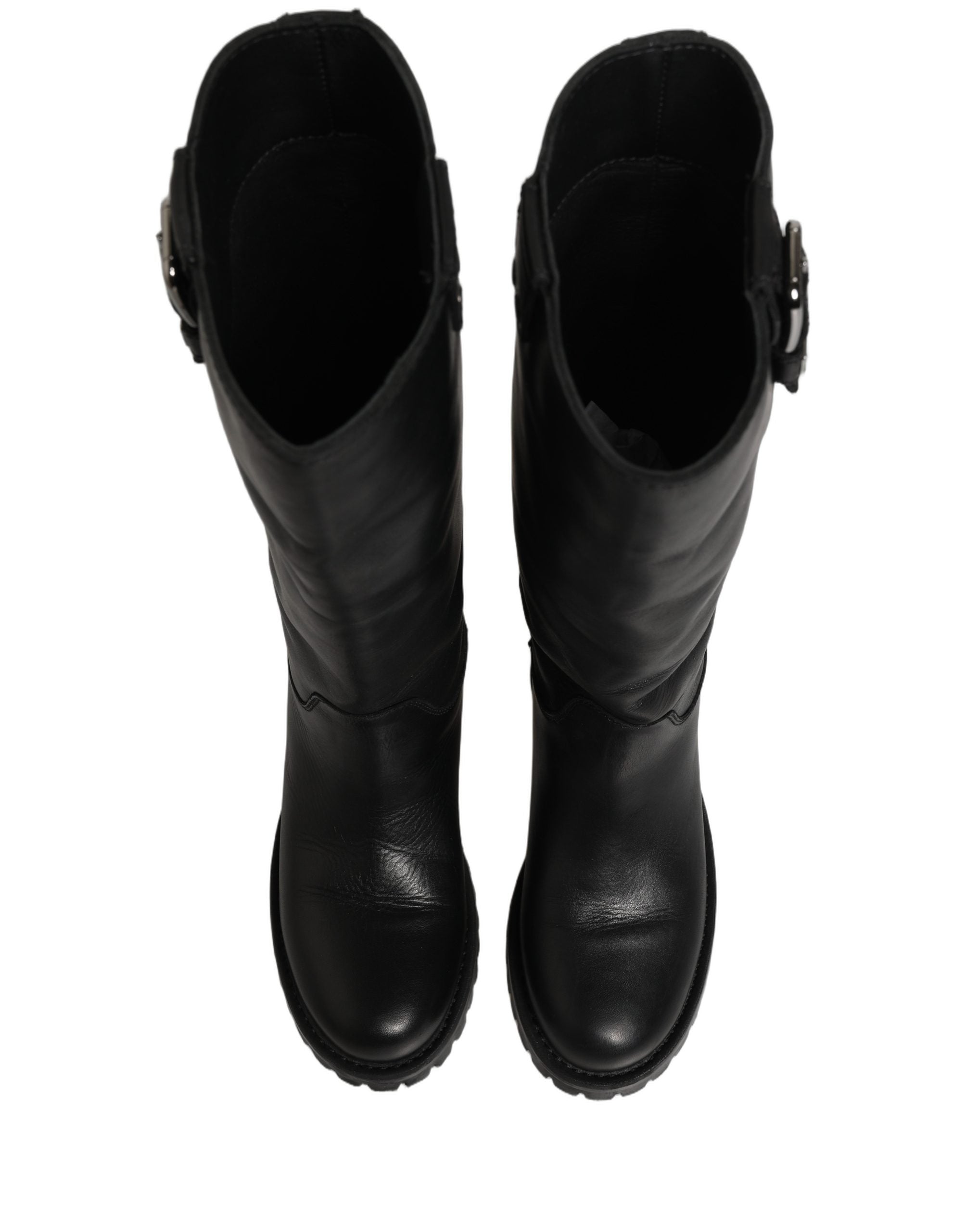 Dolce & Gabbana Black Leather Buckle Detail Mid Calf Boots Shoes Dolce & Gabbana
