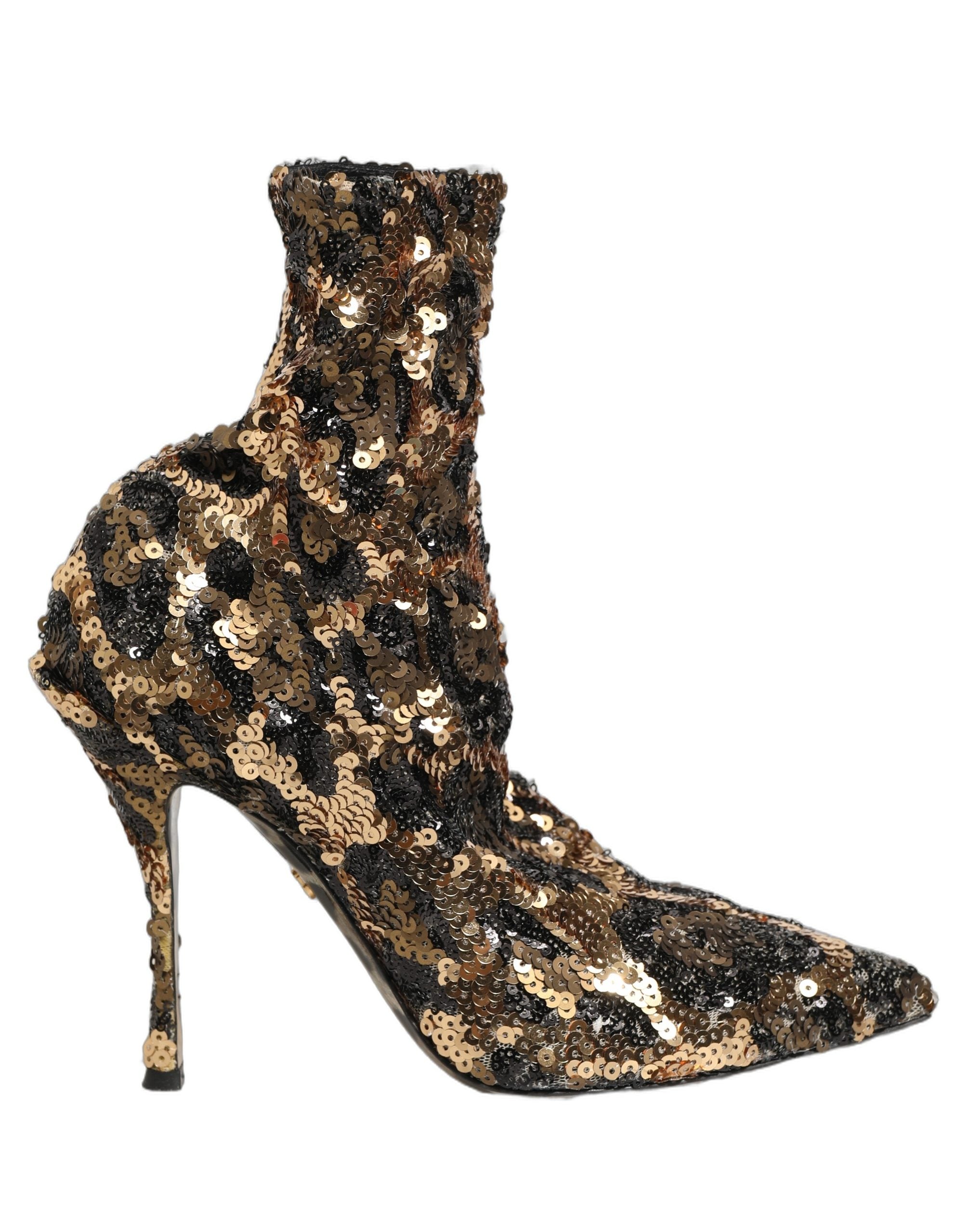 Dolce & Gabbana Gold Leopard Sequin Sock Ankle Boots Shoes Dolce & Gabbana