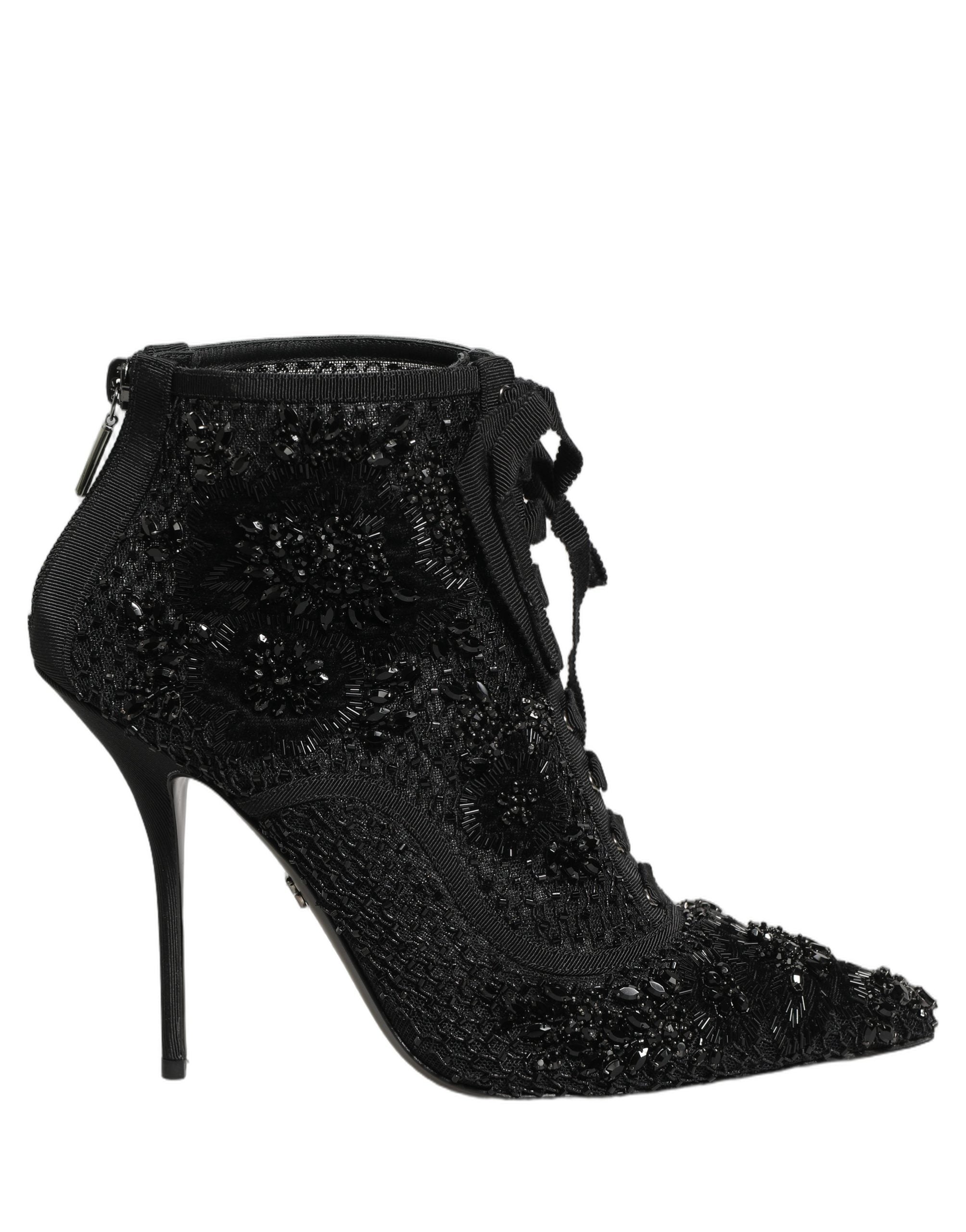 Dolce & Gabbana Black Embellished Mesh Ankle Boots Shoes Dolce & Gabbana