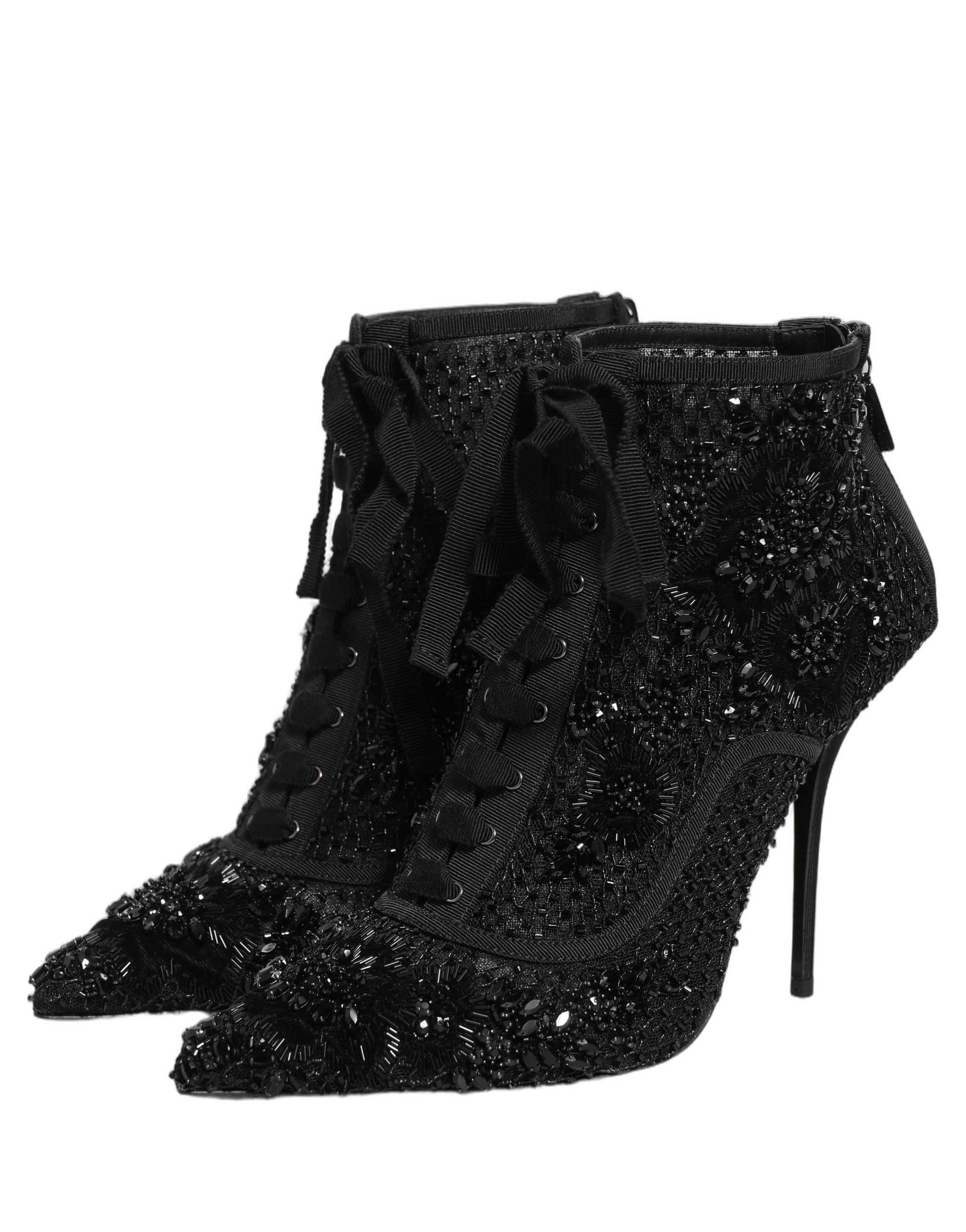 Dolce & Gabbana Black Embellished Mesh Ankle Boots Shoes Dolce & Gabbana