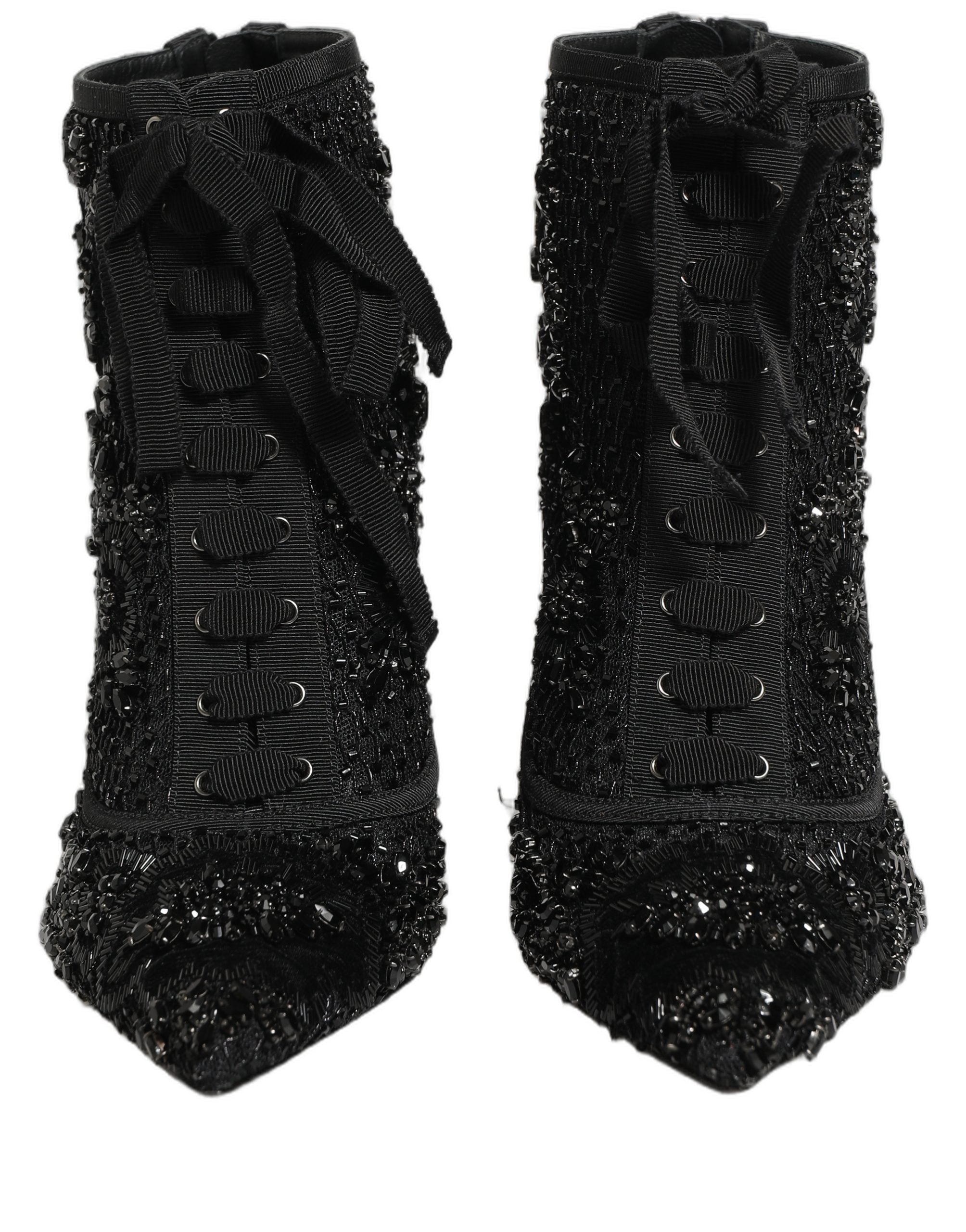 Dolce & Gabbana Black Embellished Mesh Ankle Boots Shoes Dolce & Gabbana