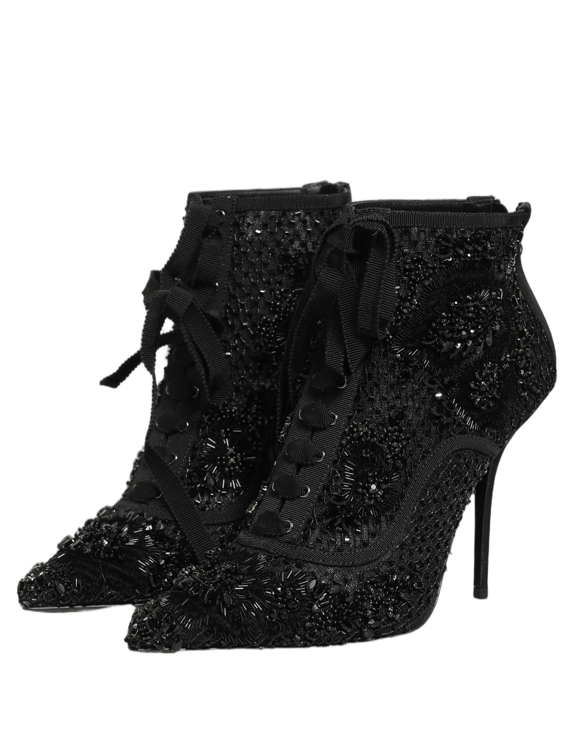 Dolce & Gabbana Black Embellished Mesh Ankle Boots Shoes Dolce & Gabbana