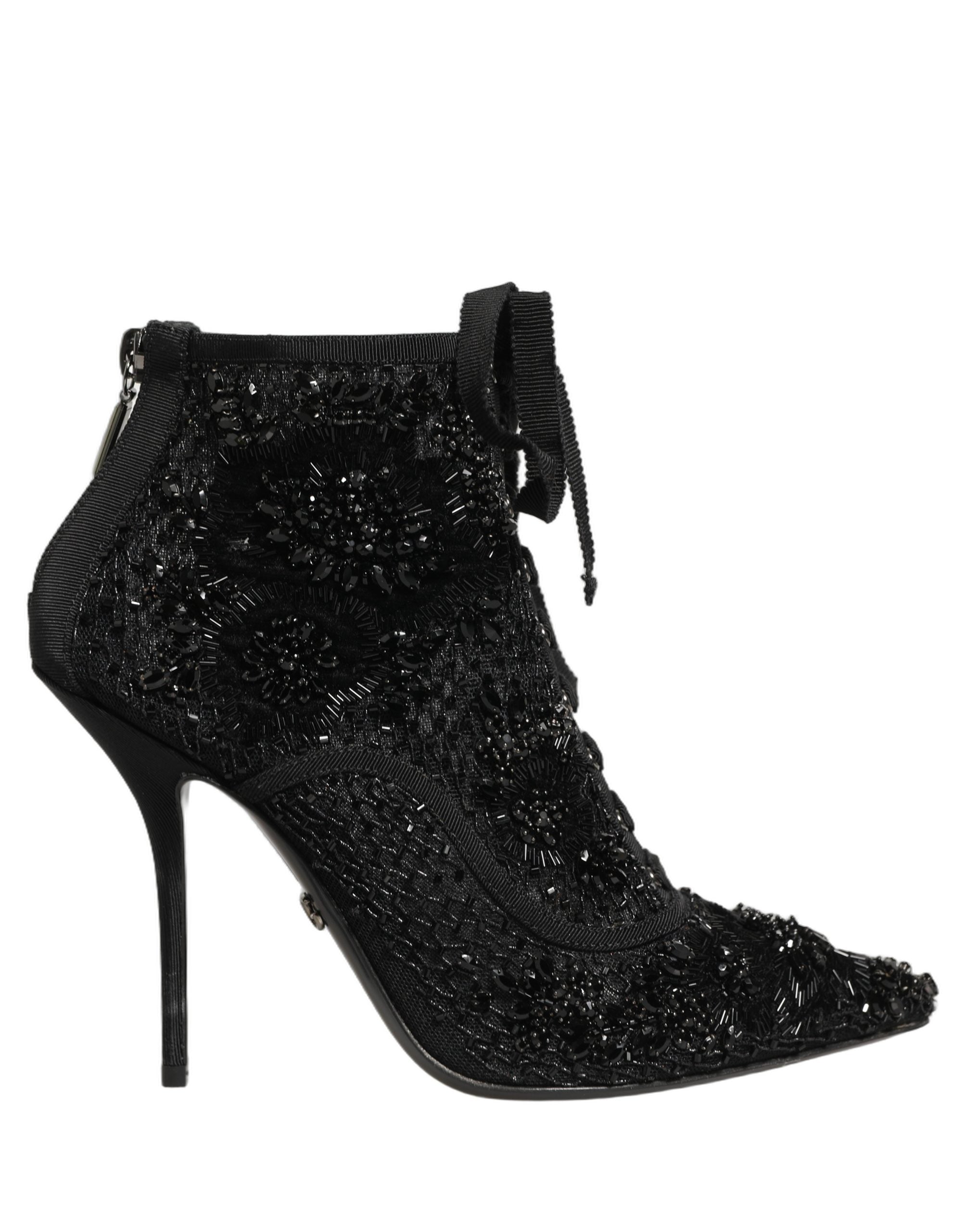 Dolce & Gabbana Black Embellished Mesh Ankle Boots Shoes Dolce & Gabbana