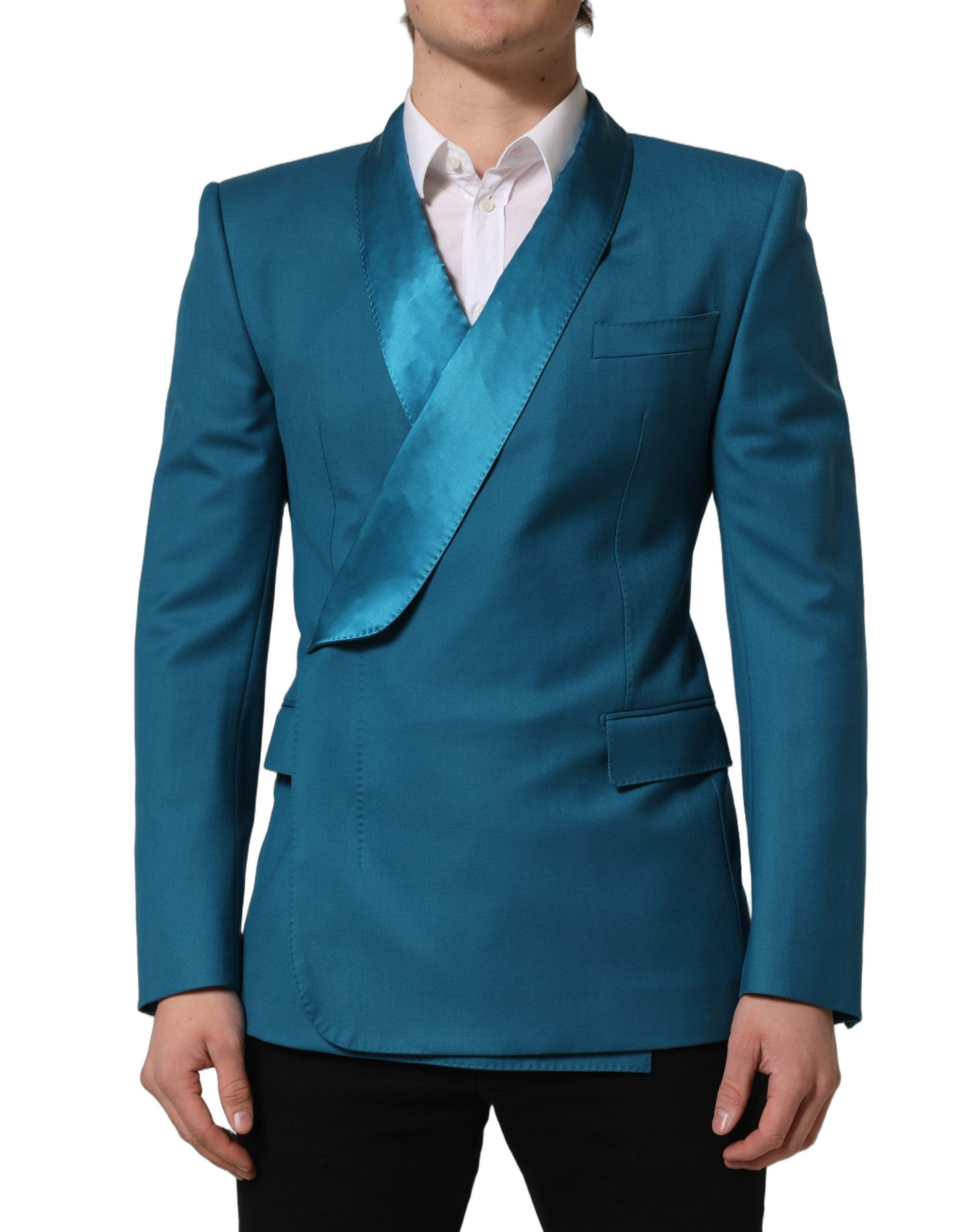 Dolce & Gabbana Teal Wool Double Breasted Formal Coat Blazer Dolce & Gabbana