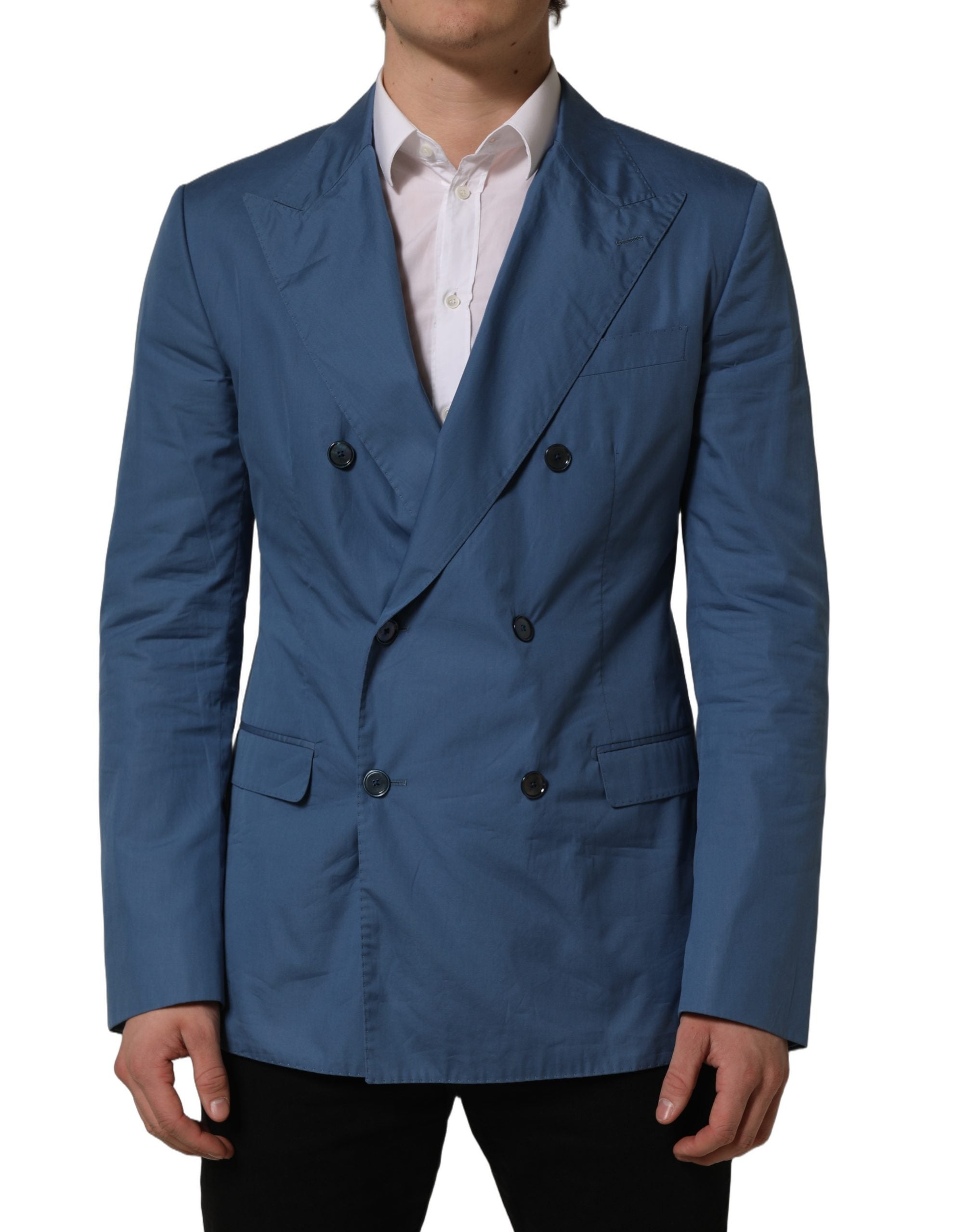 Dolce & Gabbana Blue Cotton Double Breasted Men Coat Blazer Dolce & Gabbana