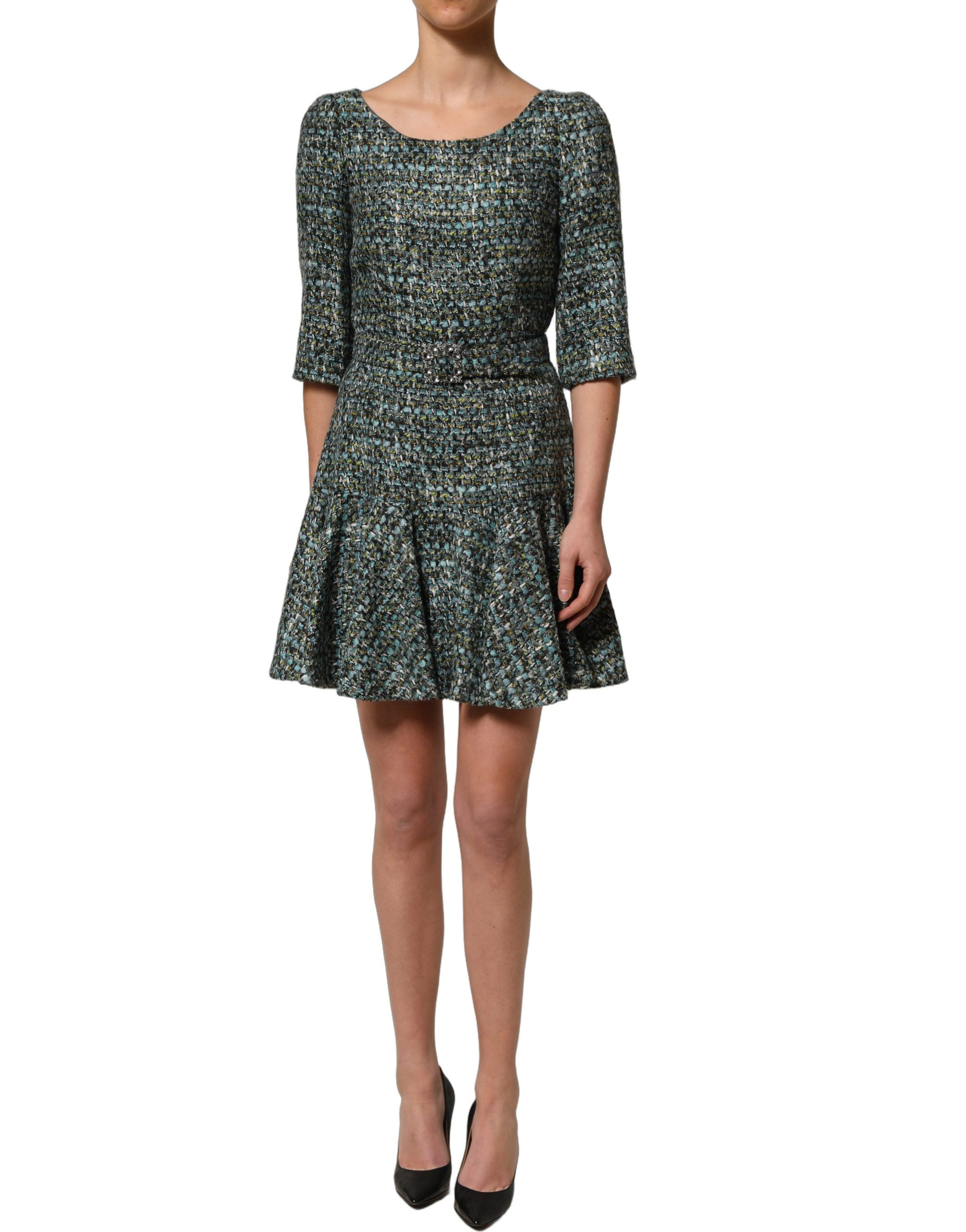 Dolce & Gabbana Multicolor Tweed Belted Babydoll Mini Dress Dolce & Gabbana