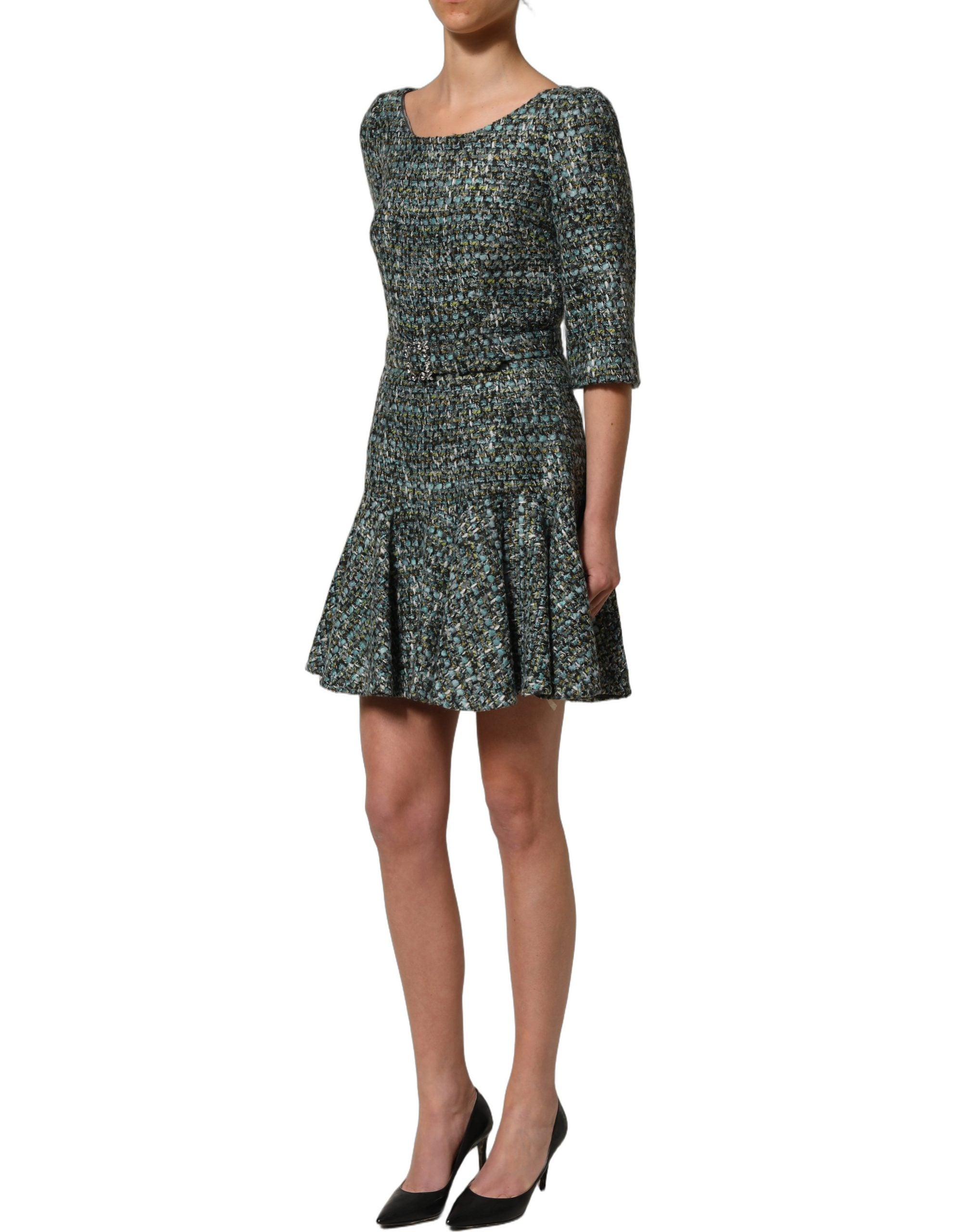 Dolce & Gabbana Multicolor Tweed Belted Babydoll Mini Dress Dolce & Gabbana