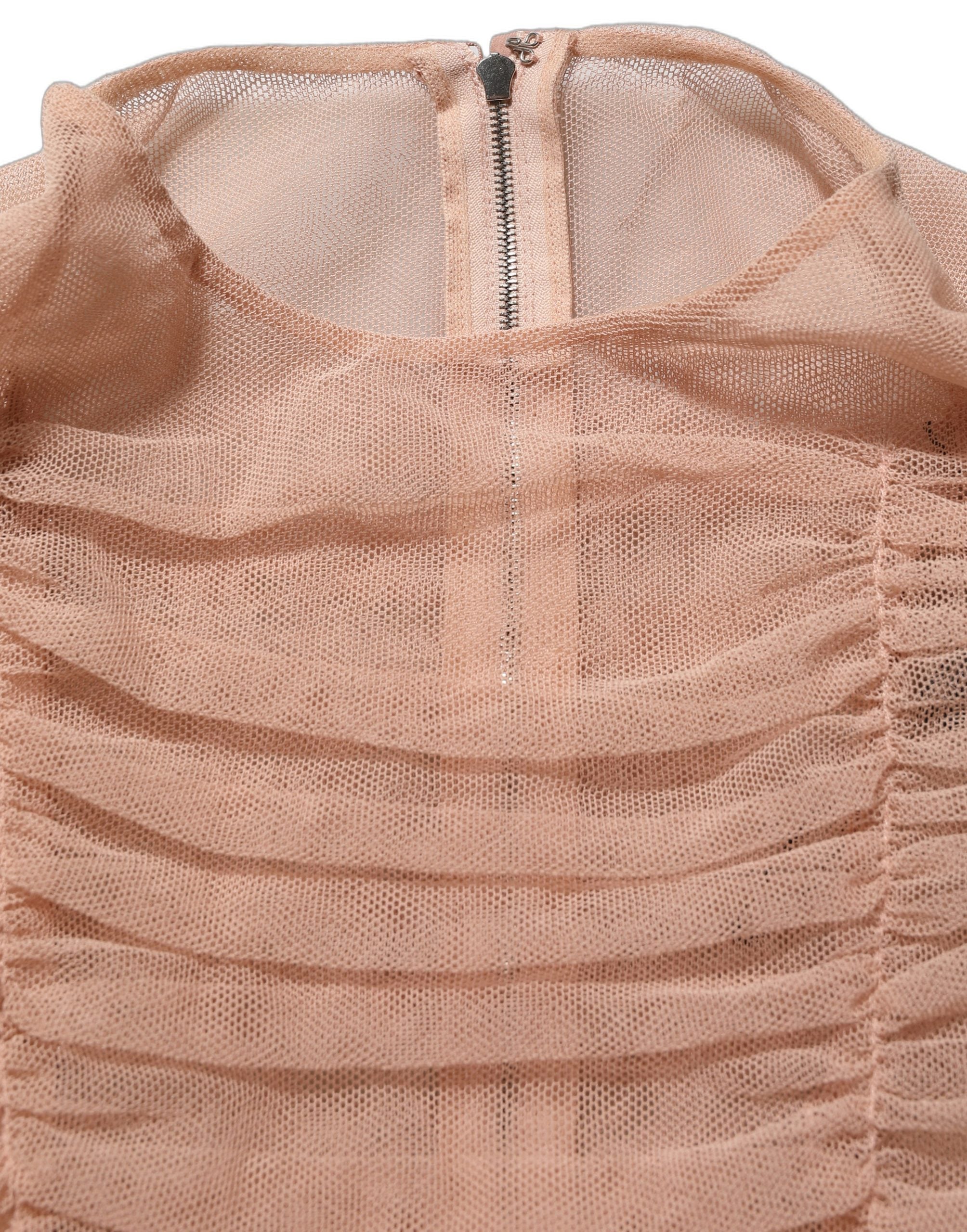 Dolce & Gabbana Beige Cotton Mesh Ruched Sheath Midi Dress Dolce & Gabbana