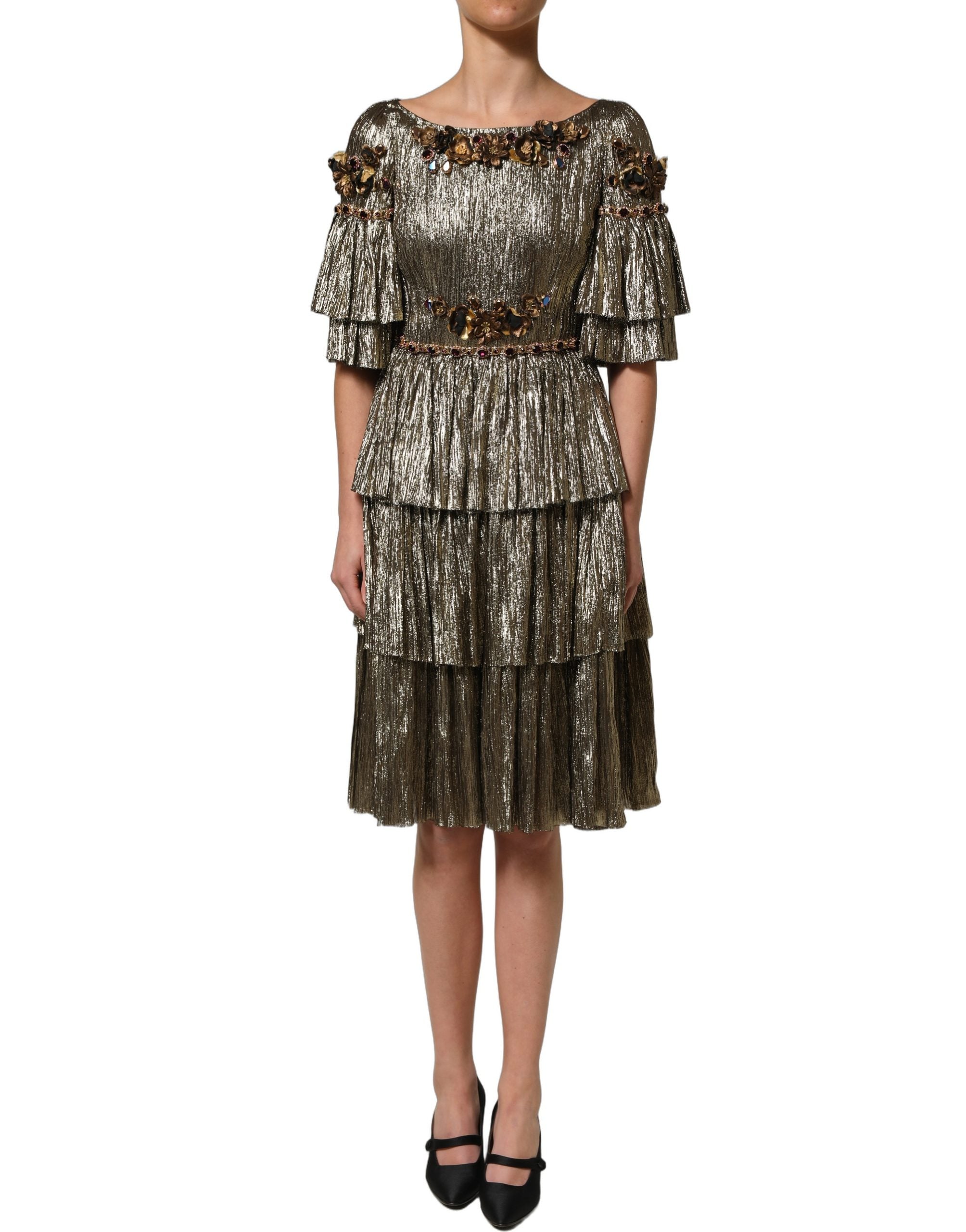 Dolce & Gabbana Metallic Gold Embellished Tiered Midi Dress Dolce & Gabbana