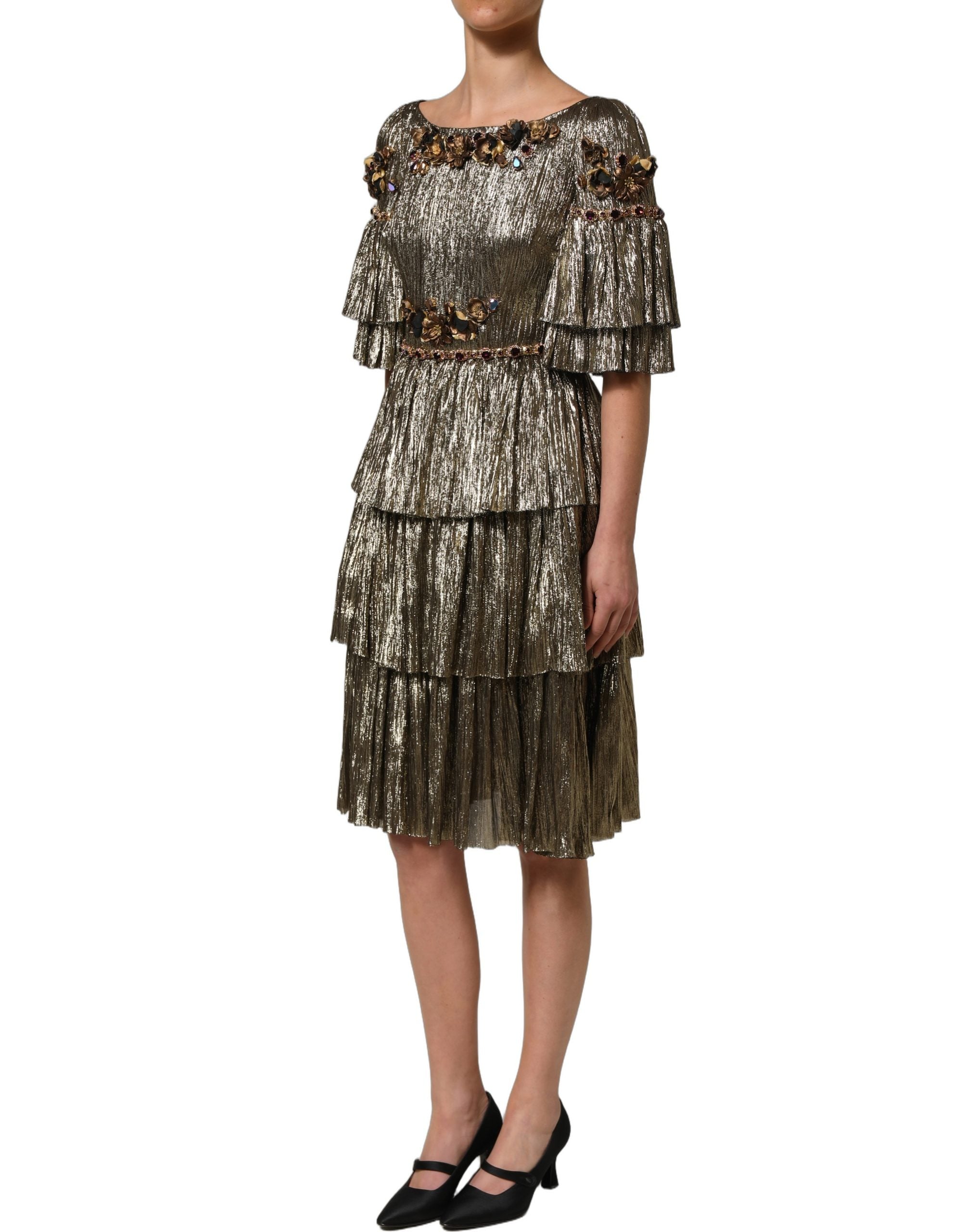 Dolce & Gabbana Metallic Gold Embellished Tiered Midi Dress Dolce & Gabbana